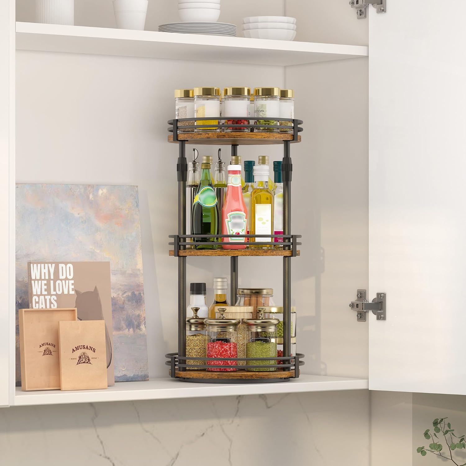 Across-Star Lazy-Susan-Organizer-Spice-Rack, 3-Tier Rotating Spice Organizer For Cabinet Pantry, Seasoning Holder Shelf With Adjustable Height, Kitchen Counter Shelf Countertop Organizer