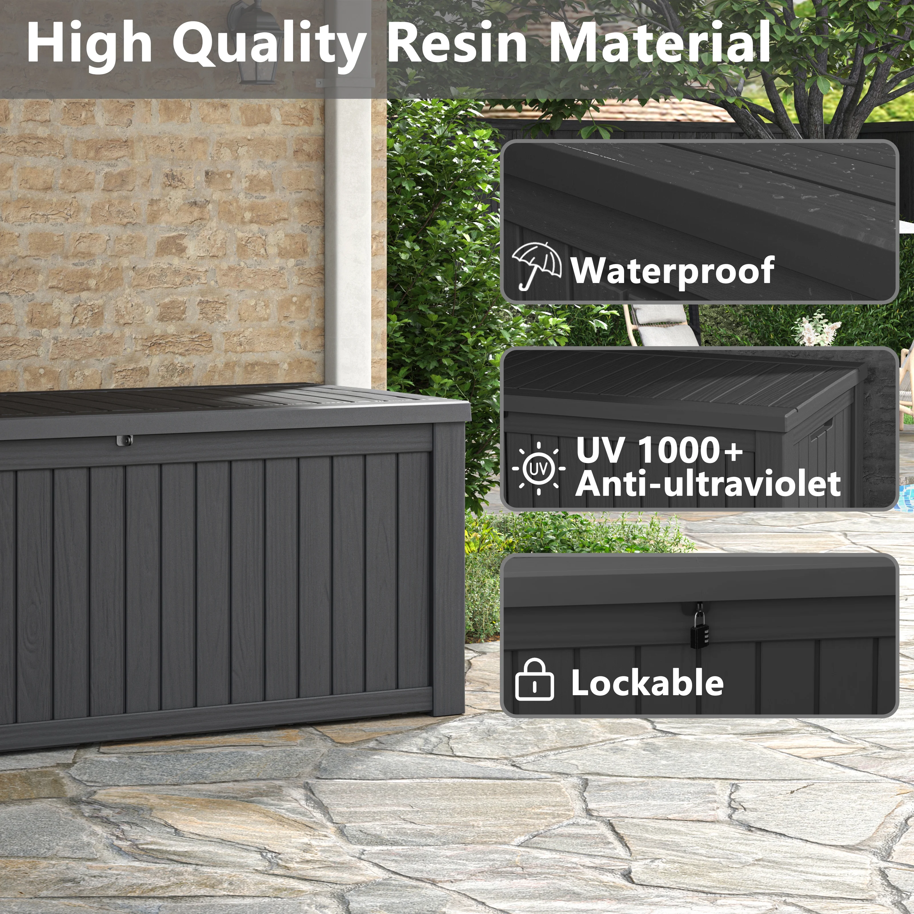 150 Gallon Deck Box, Outdoor Storage Box, Large Waterproof Resin Indoor Storage Box with Built-in Steel Beams for Patio, Cushions, Pool Supplies(150 gal/Black) - Image 2