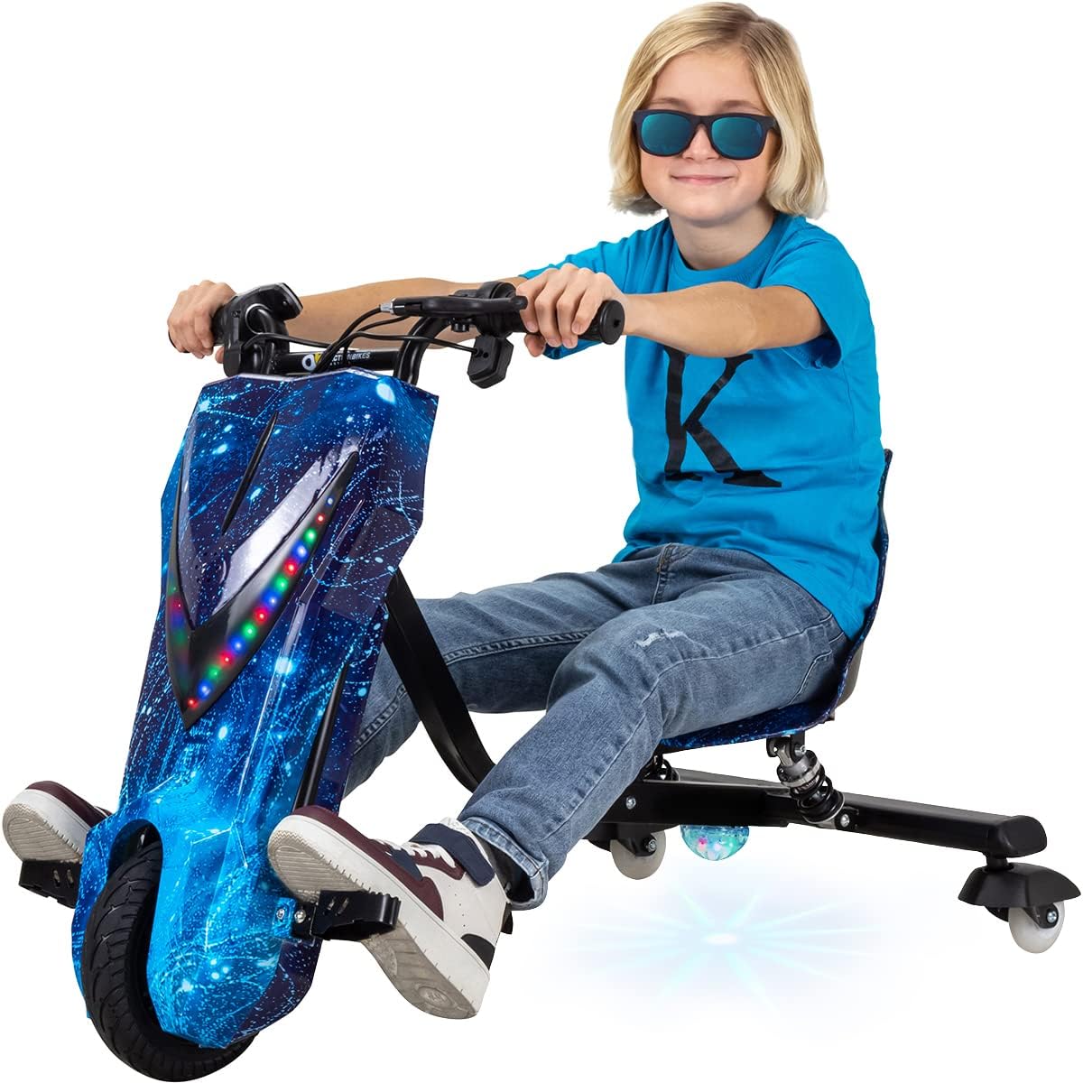 Actionbikes Motors Kinder Elektro Driftscooter | 𝟐𝟓𝟎 Watt Motor - Drift Cart 360°- 3 Geschwindigkeitsstufen - LED-Beleuchtung - Sitz verstellbar - Bluetooth - Drift Kart - Drift Auto (Space Purple)