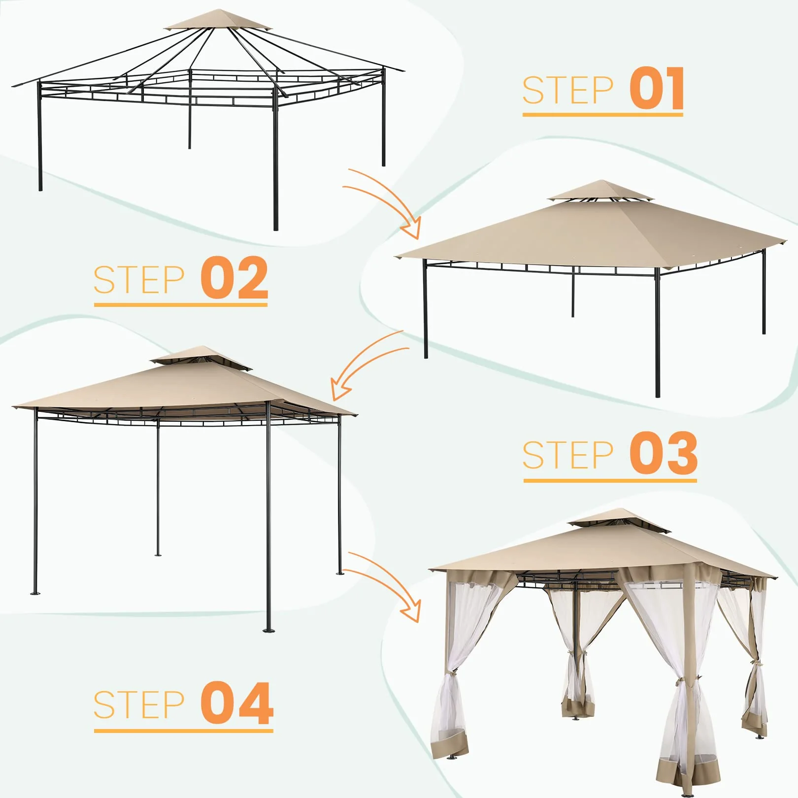 SANOPY 10'x10' Canopy Gazebo, Assembled Style Wrought Iron Gazebo Tent Can Accommodate 6-10 People with 4 Detachable Mosquito Net Side Walls for Garden, Yard, Beach