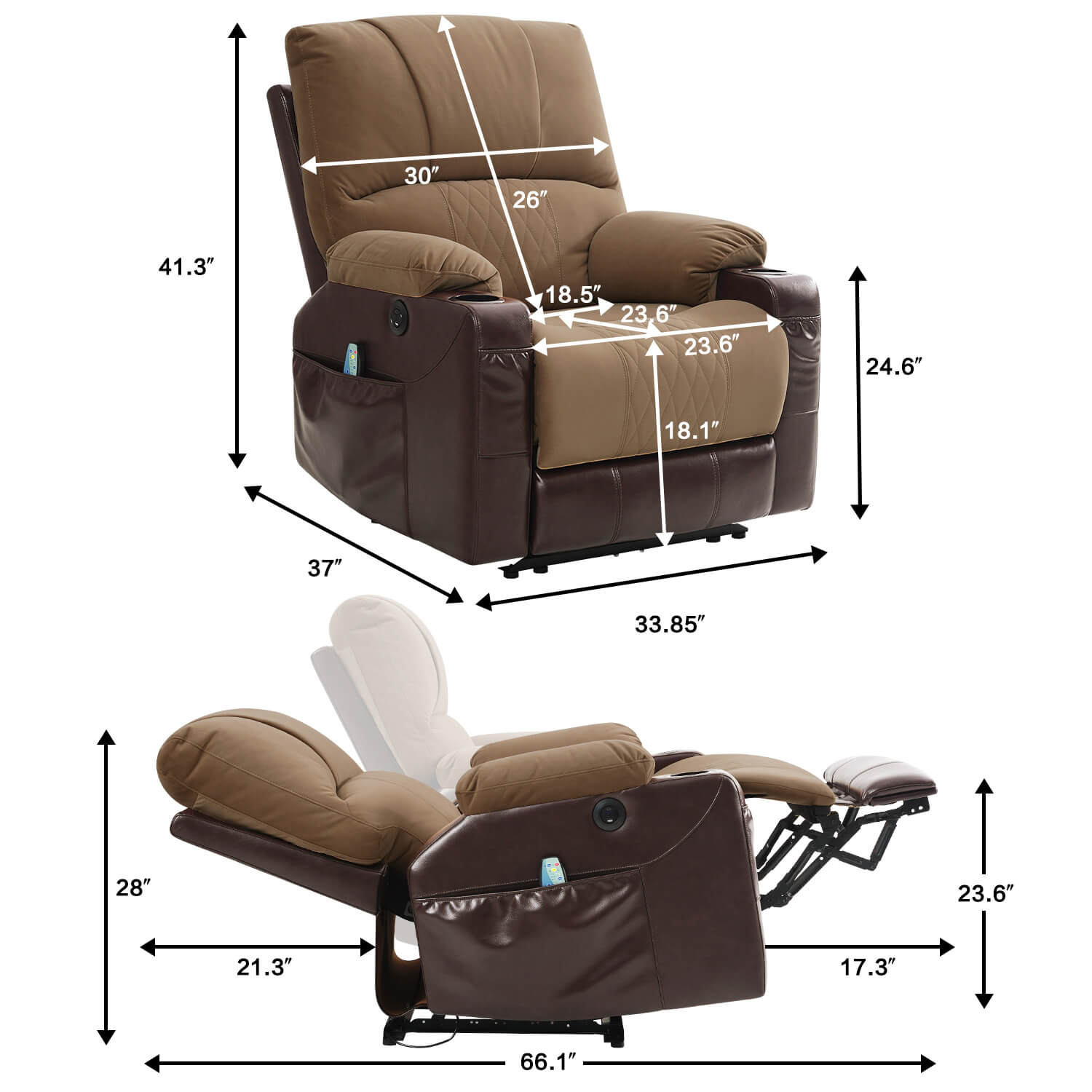 Fauteuil inclinable électrique avec chauffage et massage, format compact