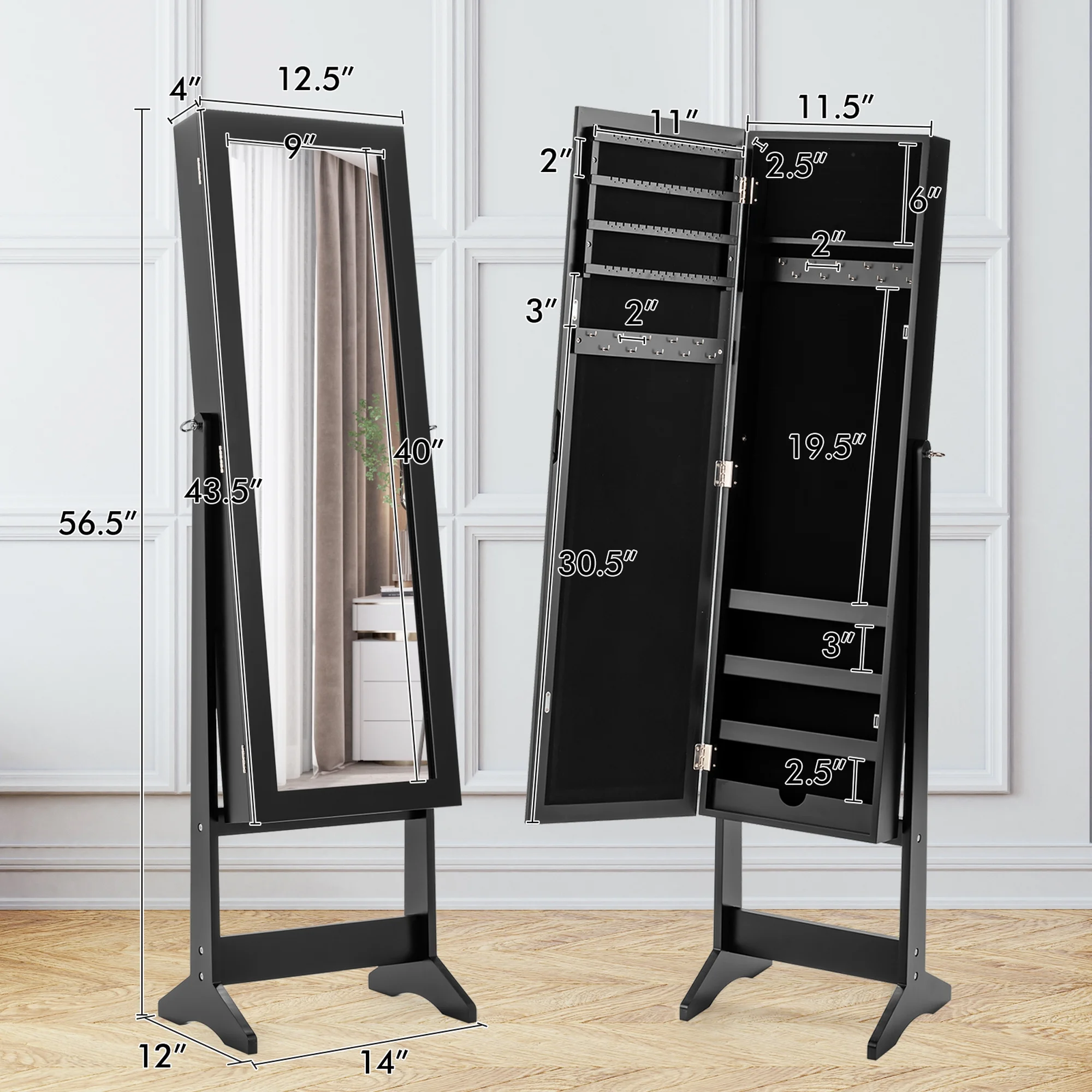 Jewelry Mirrored Cabinet Armoire Organizer Storage Box w/ Stand Christmas Gift(Black) - Image 4