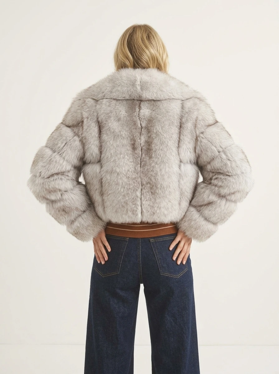 Back view of a gray cropped faux fur jacket with horizontal panels and long sleeves