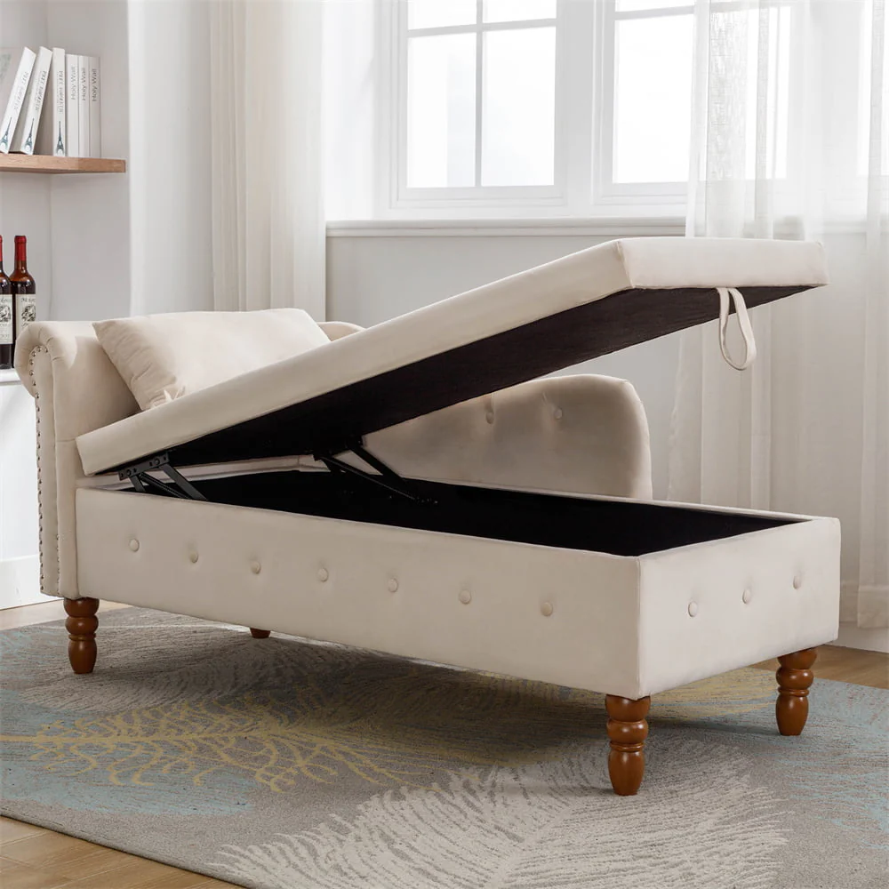 Storage Chaise Lounge, Upholstered Rolled Arm Chase Lounge with Nailhead Trim, Recliner Lounge Chair for Living Room Bedroom(Beige) Image 7