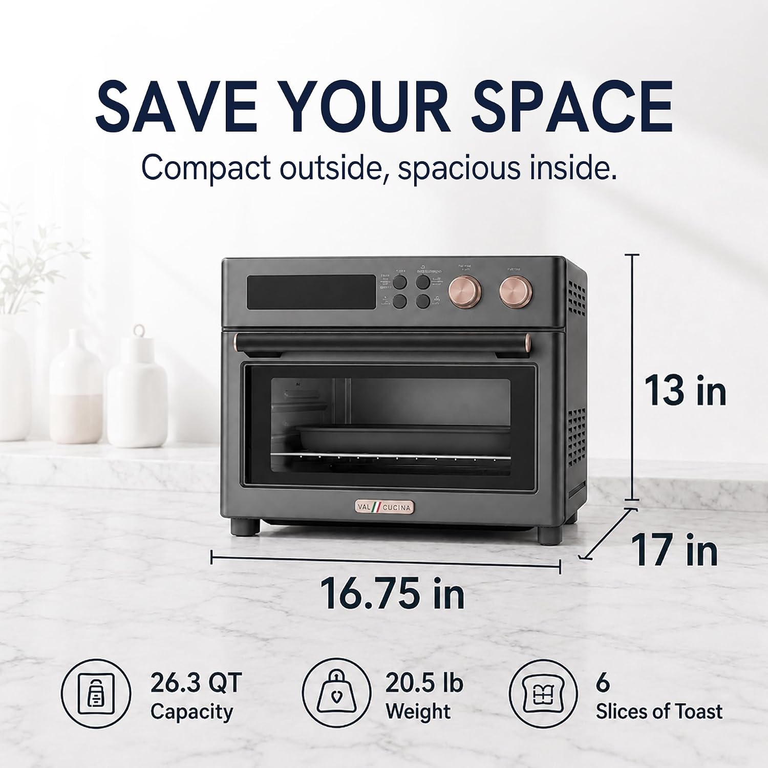 VAL CUCINA Infrared Heating 26.3 QT Air Fryer Toaster Oven, Large Countertop Convection Oven 10-in-1 Combo, 6-Slice Toast, Enamel Baking Pan Easy Clean with Recipe Book, Black Matte Stainless Steel