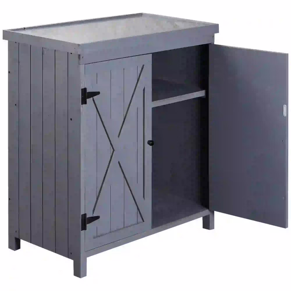 Spaco Garden Storage Cabinet, Outdoor Tool Shed with Galvanized Top and Two Shelves, Yard Tools or Pool Accessories, Gray