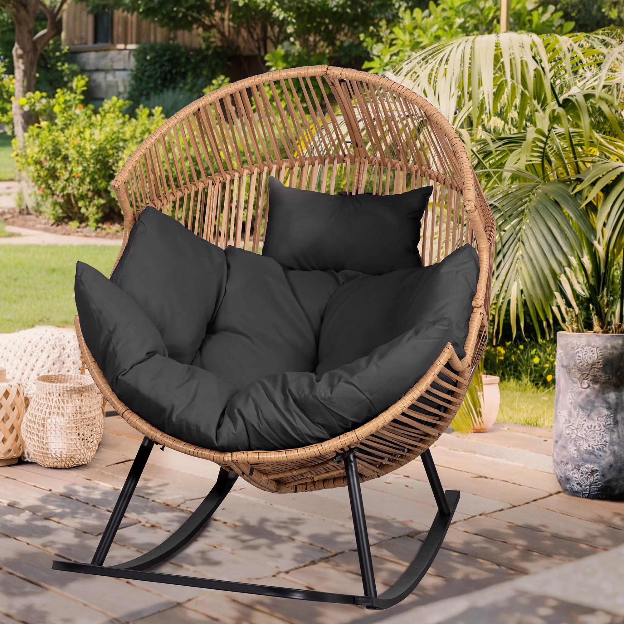 Egg Chairs Outdoor Patio Wicker Oversized Egg Shell Lounger Lawn Chair with Cushion for Indoor Outside Porch Balcony Backyard, Original Wood Color Rattan Beige Cushion(Wooden Color Rattan Beige Cushion/No-Rocking) - Image 5