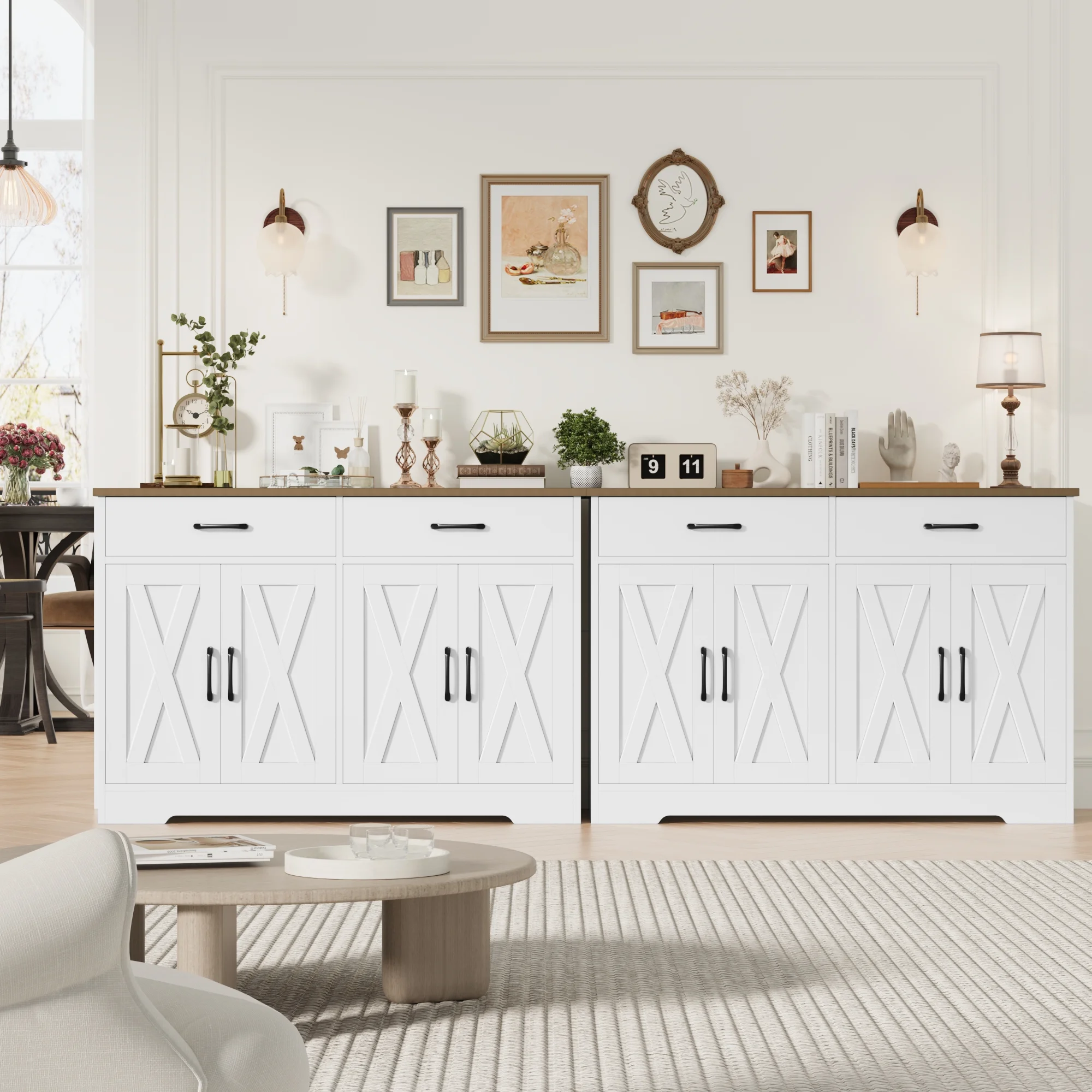 Hiphuta 47"farmhouse Sideboard Storage Cabinets with 4 Doors & 2 Drawers, Coffee Bar with Brown Top for Living Room, White