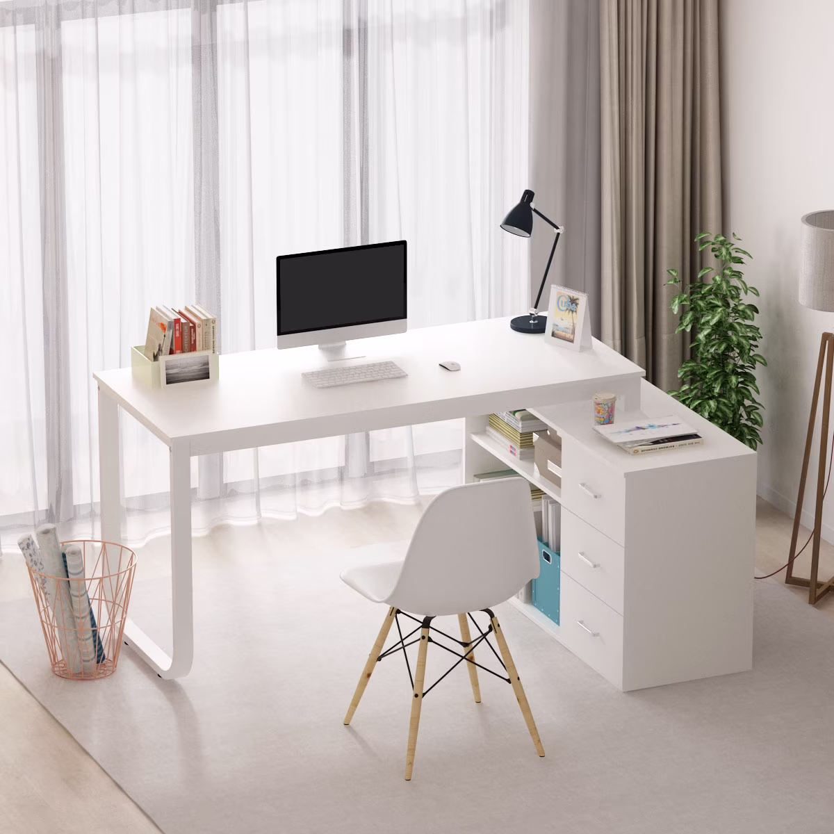 55" White L Shaped Desk with Storage Shelf Corner Office Writing Desk Study Workstation Table(White)