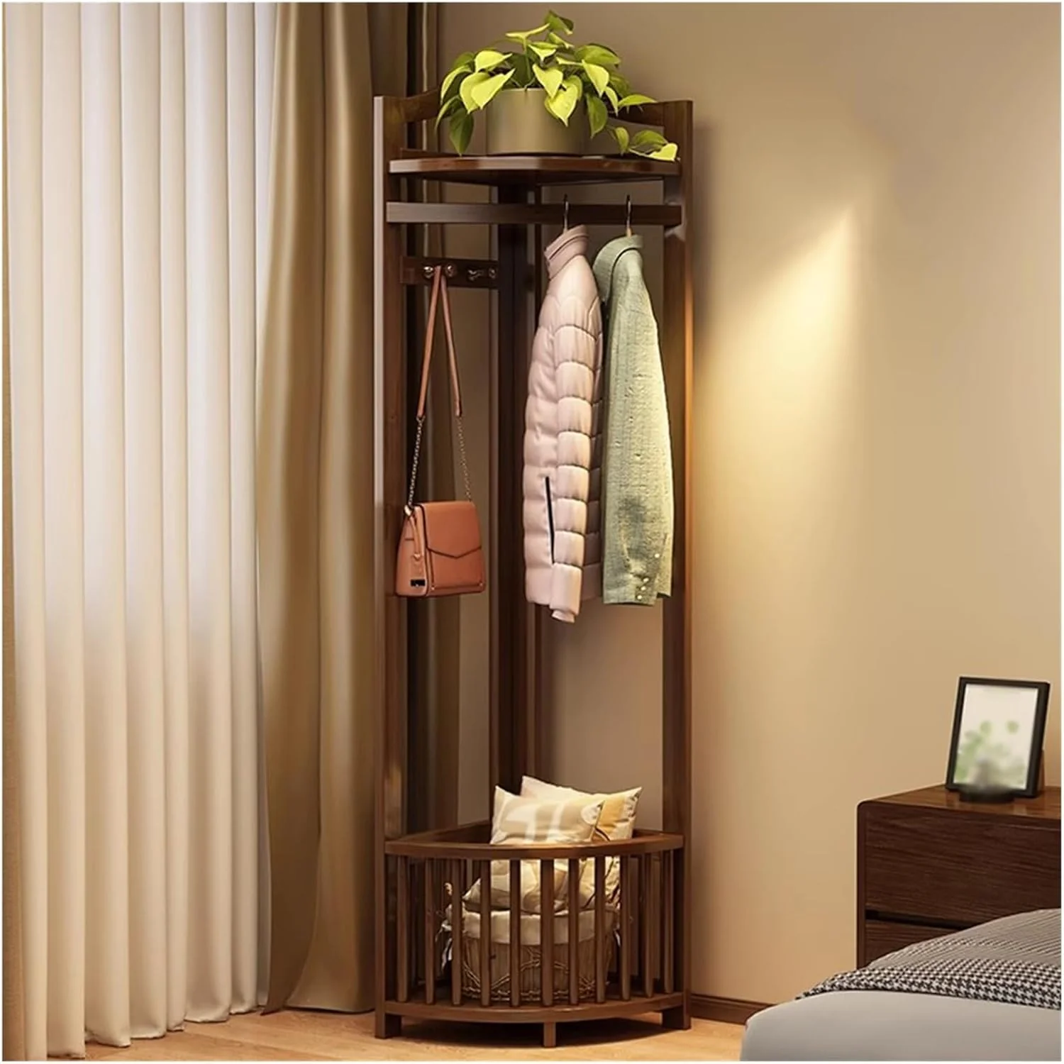 Corner Hall Tree with Shoe Bench & Storage Shelf, Freestanding Entryway Coat Rack for Home & Office