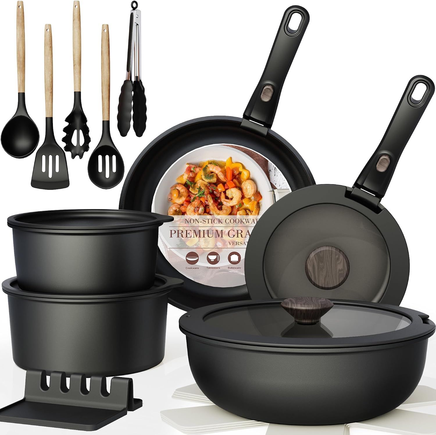 Astercook 21 Pcs Pots and Pans Set Non Stick, Ceramic Cookware Set with Detachable Handle, RV Kitchen Cooking Set with Removable Handles, Oven Safe, Induction Ready, Stackable, Black, Father's Day Gift for Men