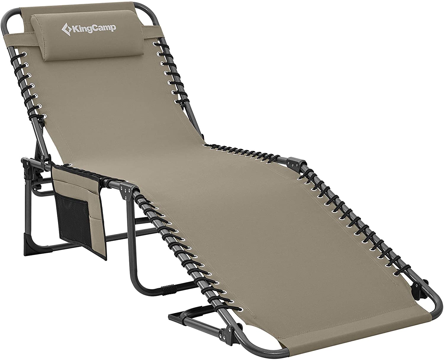 Chaise longue pliante réglable en 4 positions avec poche pour coussin, supporte jusqu'à 120 kg (265 lbs)