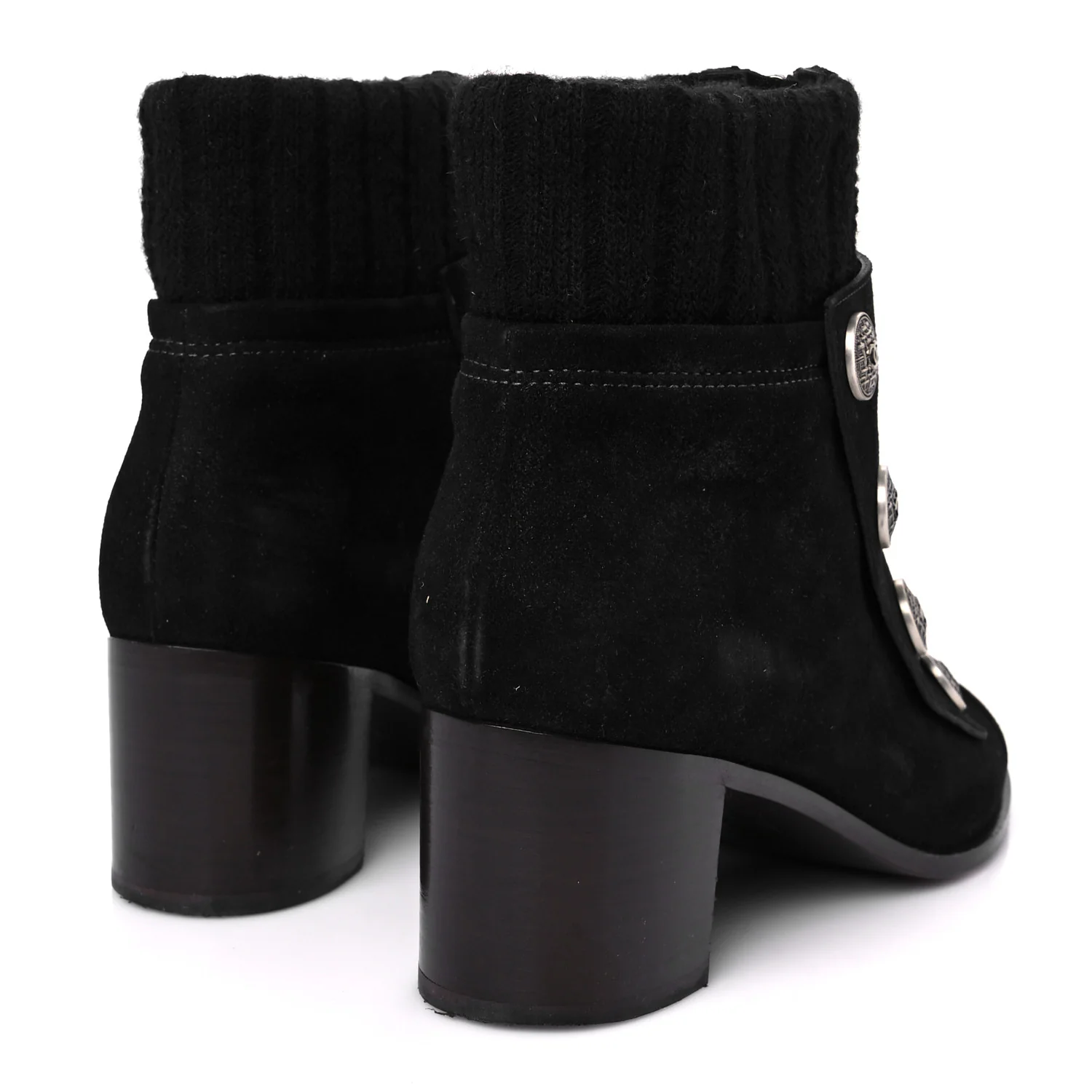 Suede Calfskin Knit Button Ankle Boots 36.5 Black