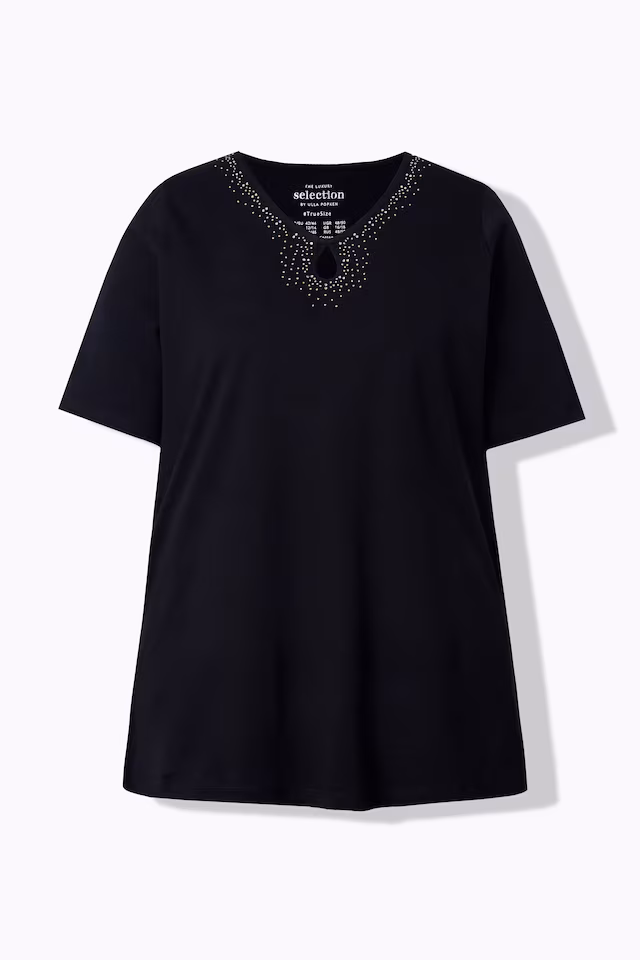 Rhinestoned Cutout Short Sleeve Pima Cotton T-Shirt Blouse
