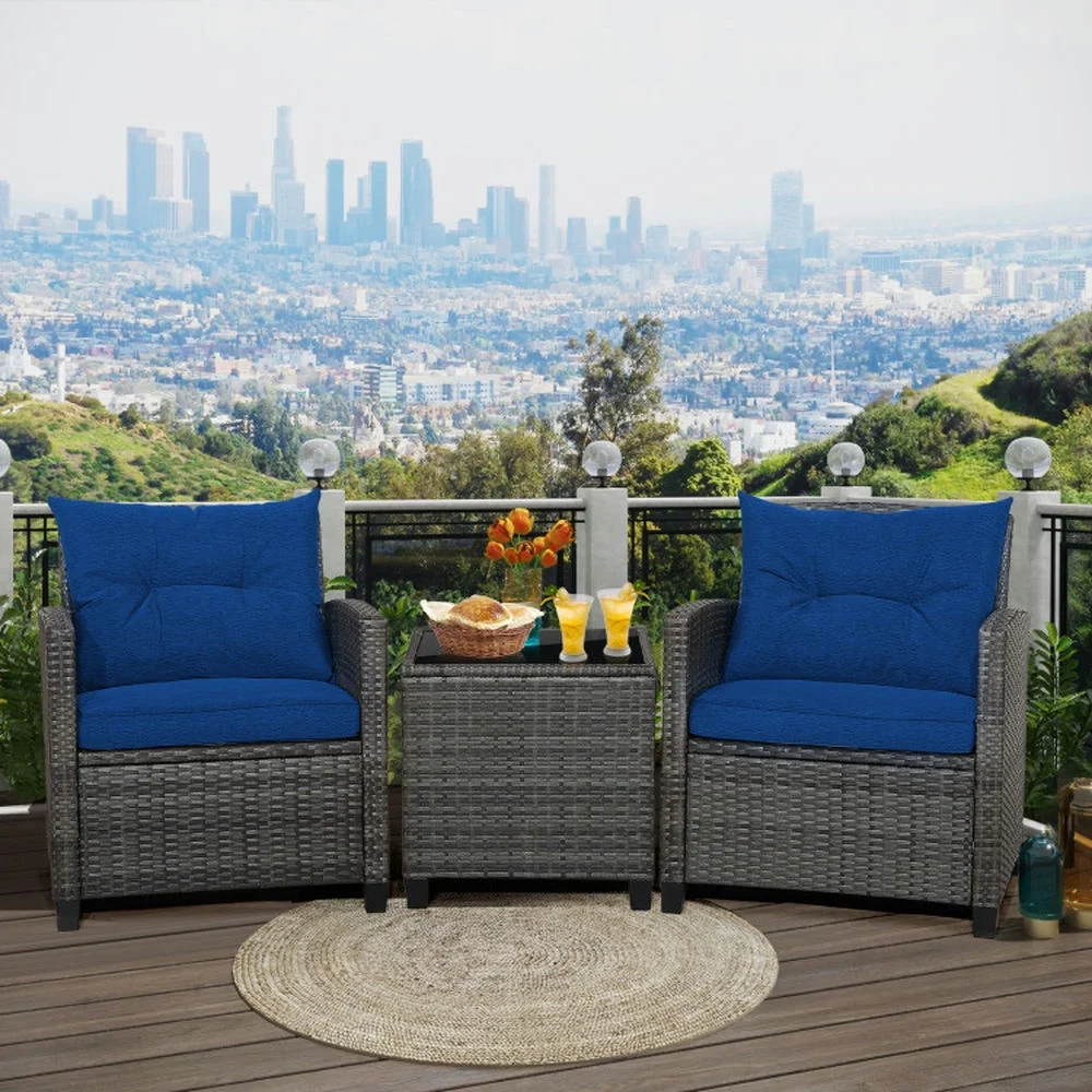Outdoor Seating Sets,Garden Conversation Sets,3 Pieces Outdoor Wicker Conversation Set with Tempered Glass Tabletop-Navy - Image 7