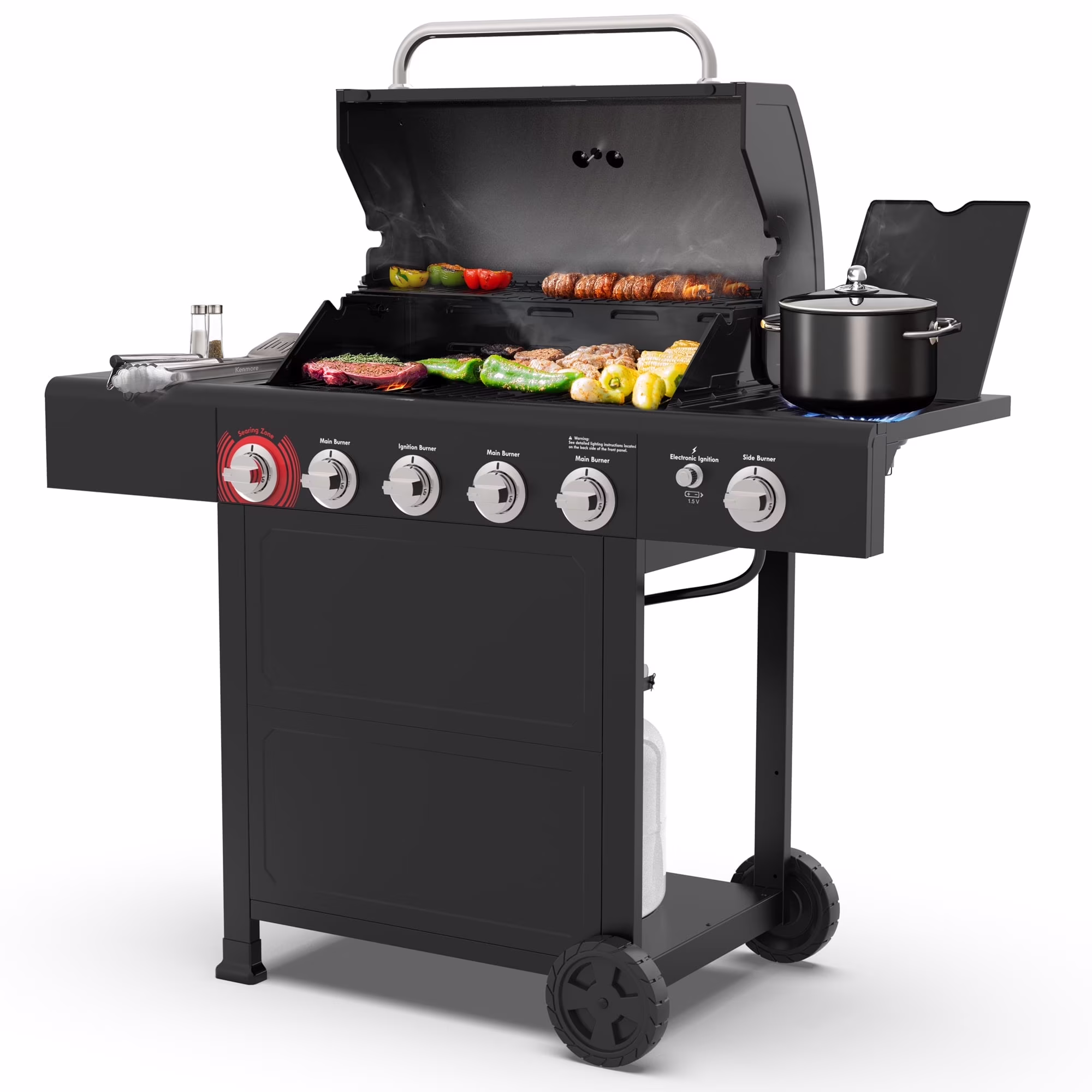 Kenmore BBQ Propane Gas Grill - 5 Burners with Side Burner & Searing Zone, 644 Sq. In. Stainless Steel Grill, 66, 000 BTU, Ideal for Outdoor Cooking, Patio & Backyard, Black
