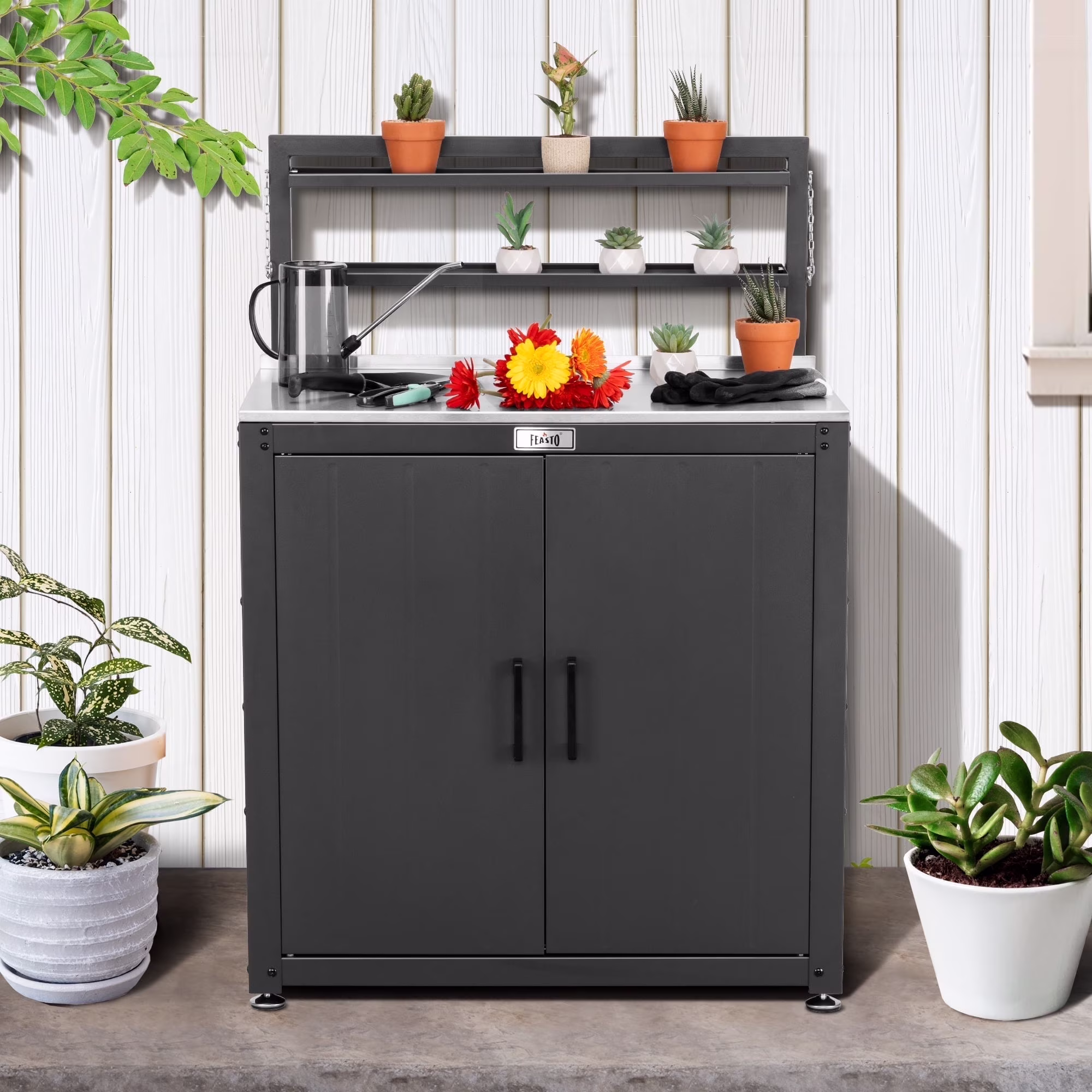 Feasto Garden Potting Bench with Storage Cabinet,Outdoor Gardening Table & Work Bench for Horticulture,Black