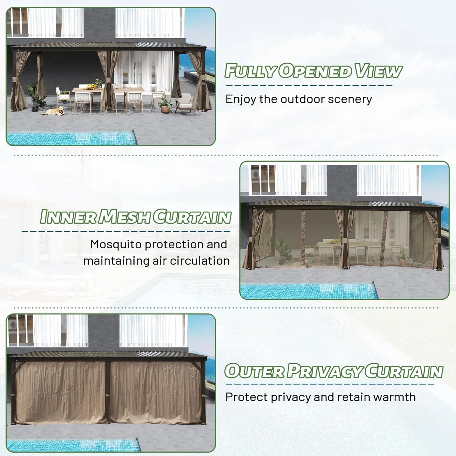 Domi Outdoor Living 10' x 12' Hardtop Lean-to Gazebo, Wall-Mounted with Galvanized Steel Roof Wall Pergola with Aluminum Frame, Curtains and Netting, for Patio, Deck, Garden, Backyard