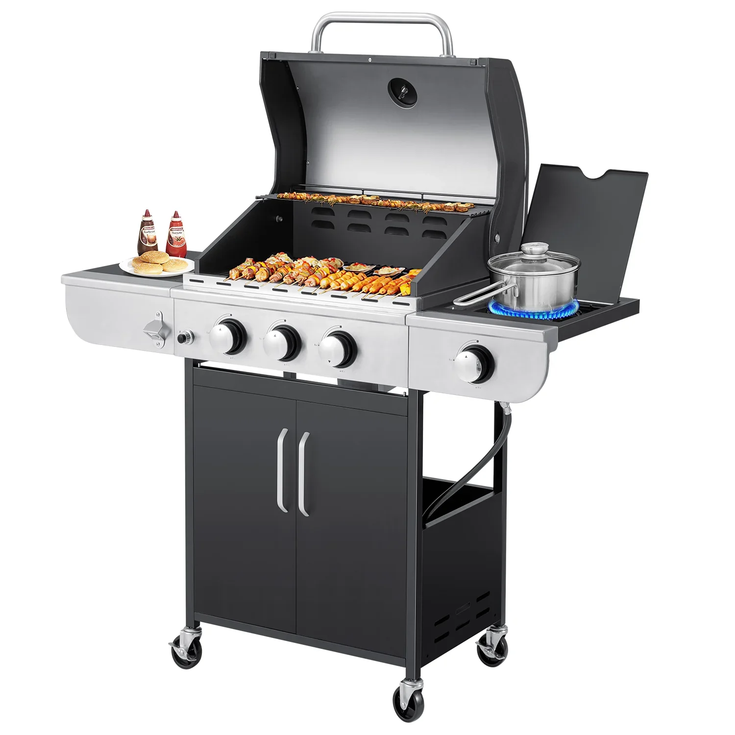 3 Burner BBQ Propane Gas Grill��24,000/36,000 BTU Stainless Steel with Stove and Side Table