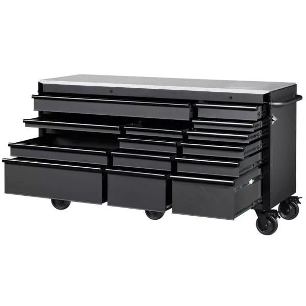 Établi mobile robuste de 183 cm de large avec coffre à outils profond à 15 tiroirs, finition noir mat, plateau en acier inoxydable et double verrouillage.
