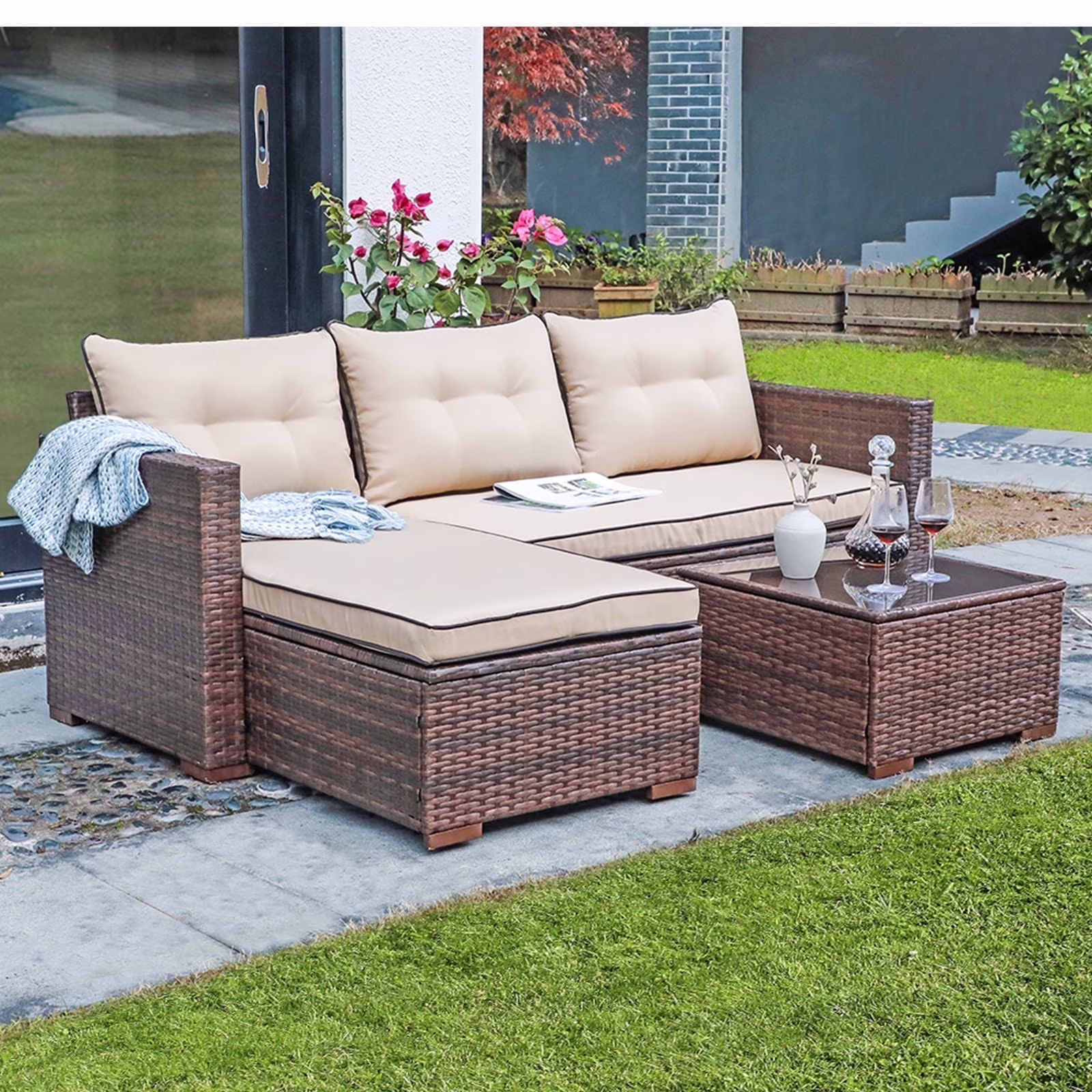 3 Pieces Patio Conversation Set, PE Wicker Rattan Outdoor Furniture Set, 2 Ways Small Sectional Sofa, Tempered Glass Coffee Table, Silver-Gray(Silver-Gray) - Image 3