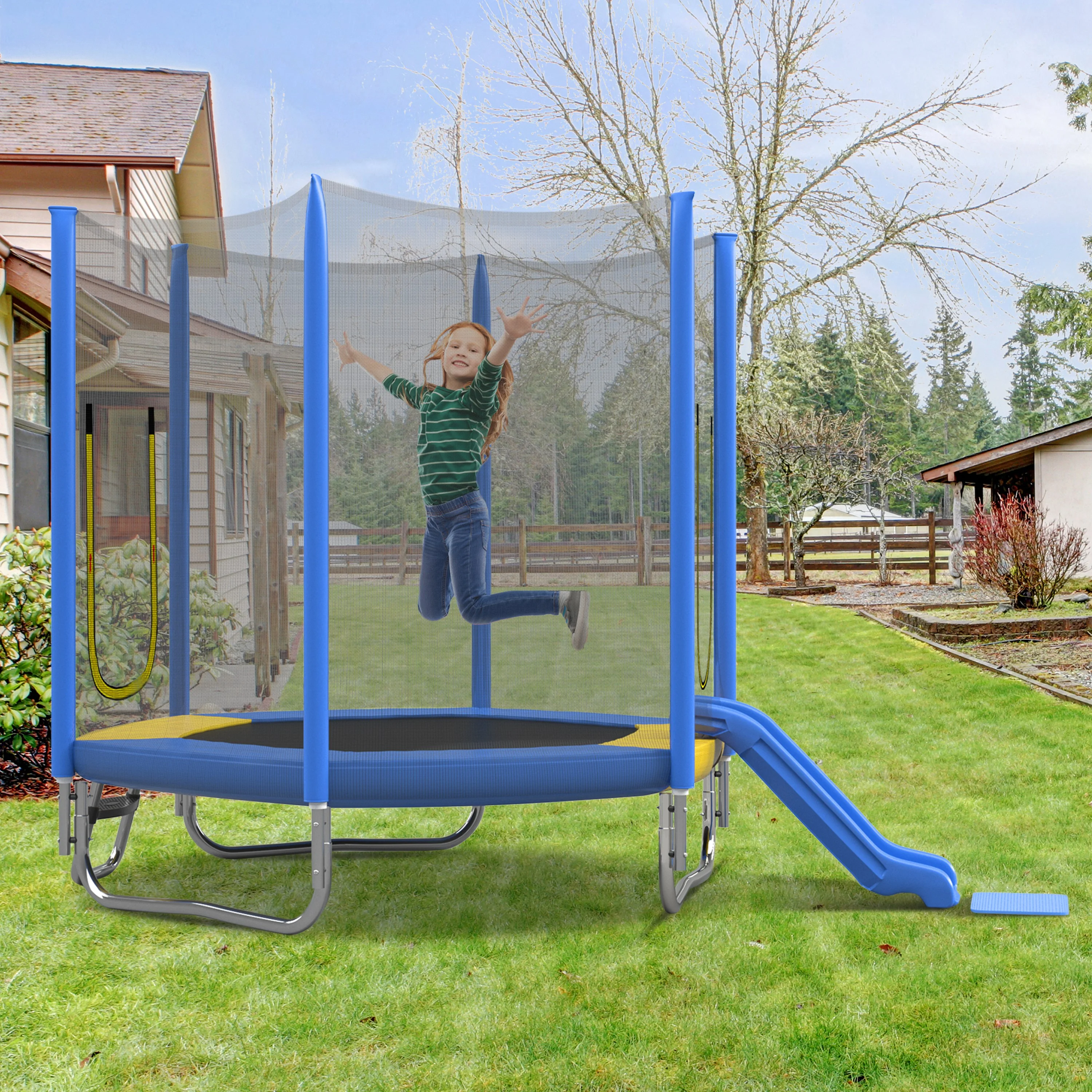 EUROCO 7FT Kids Trampoline with Safety Enclosure Net, Indoor Outdoor Trampoline with Slide, Ladder, Spring Pad, All - Weather Trampolines