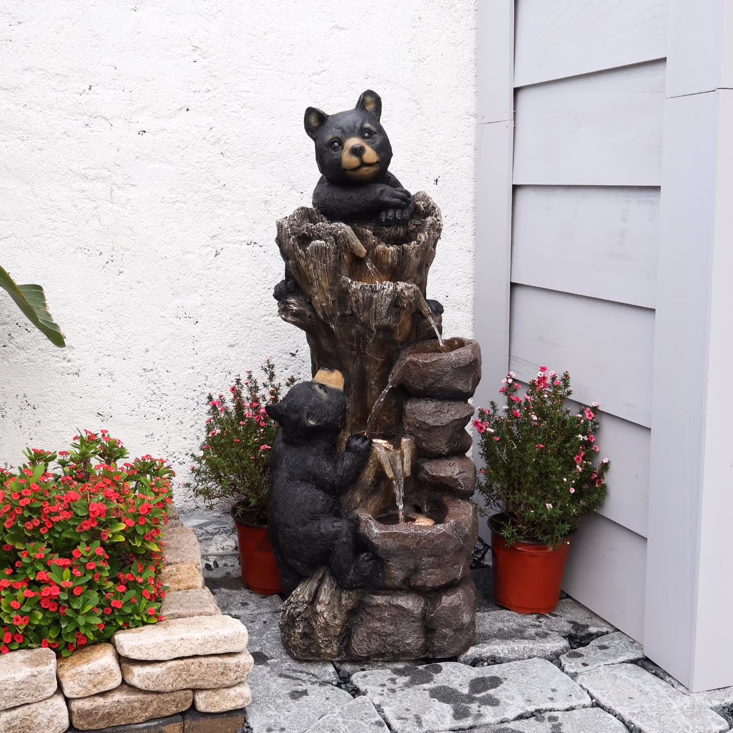 40.16 H 5 Tier Outdoor Fountain Black Bears Climbing Tree Garden Water Fountain Outdoor Water Feature Resin for Farmhouse Patio Yard Deck Home Lawn Porch House Relaxation Exterior Balcony