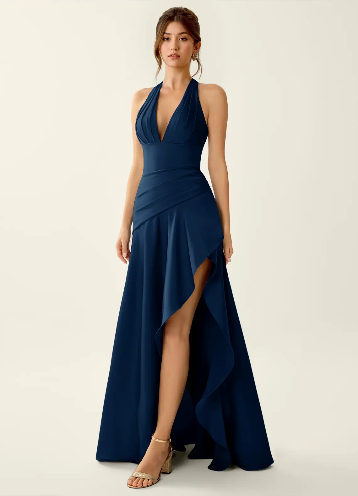 Titania Navy Satin V-neck Ruffled Prom Dress