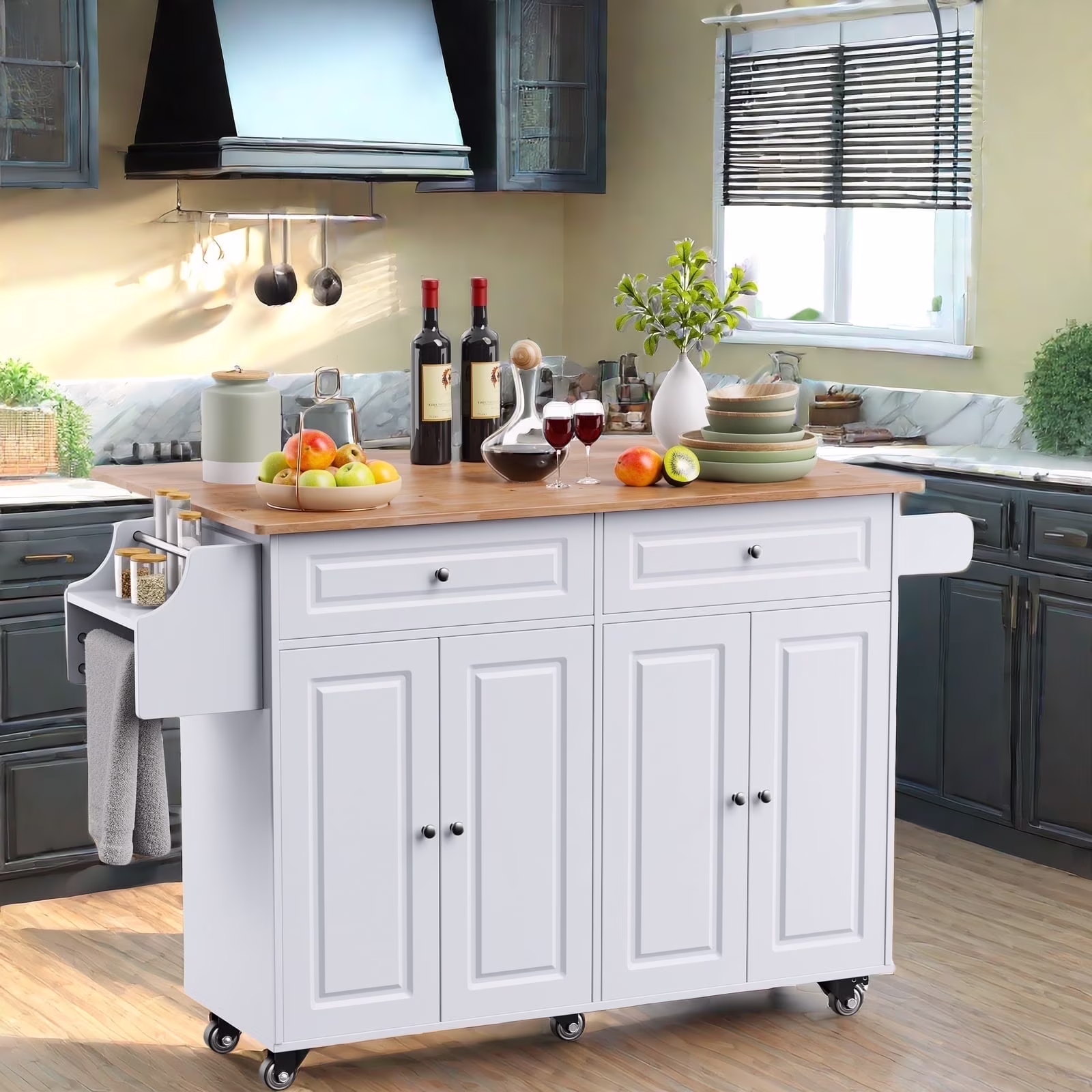 52-Inch Kitchen Island with Storage on Wheels with Wood Drop Leaf, Ideal for Small Kitchens(White)