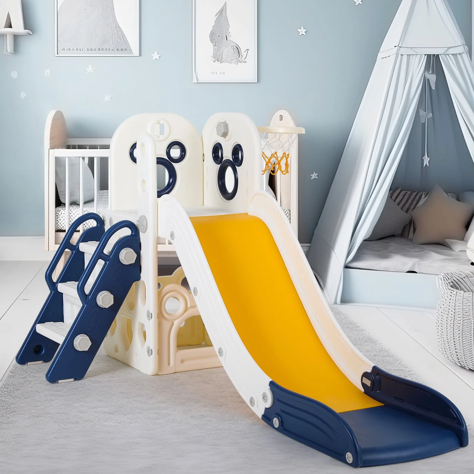 Arlopu Sturdy Toddler Slide with Basketball Hoop Plastic Kids Slide Climber with Anti - Slip Steps Indoor Outdoor Children Toy Playground