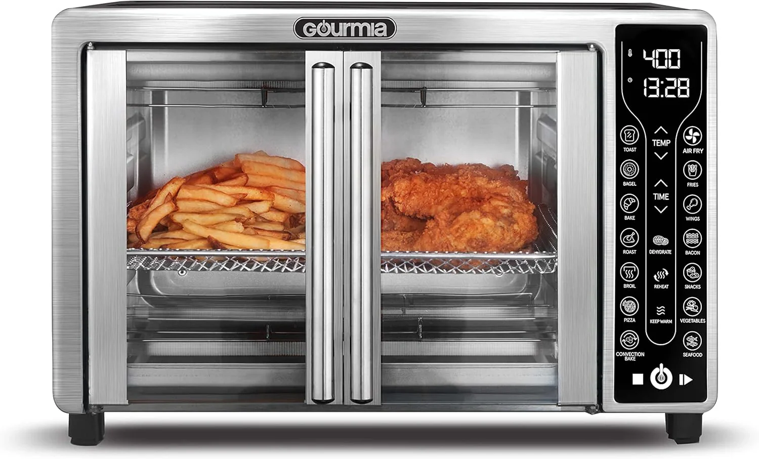 Four Gourmia avec friteuse à air chaud, 17 programmes de cuisson prédéfinis, capacité de 24 L et grille à convection.