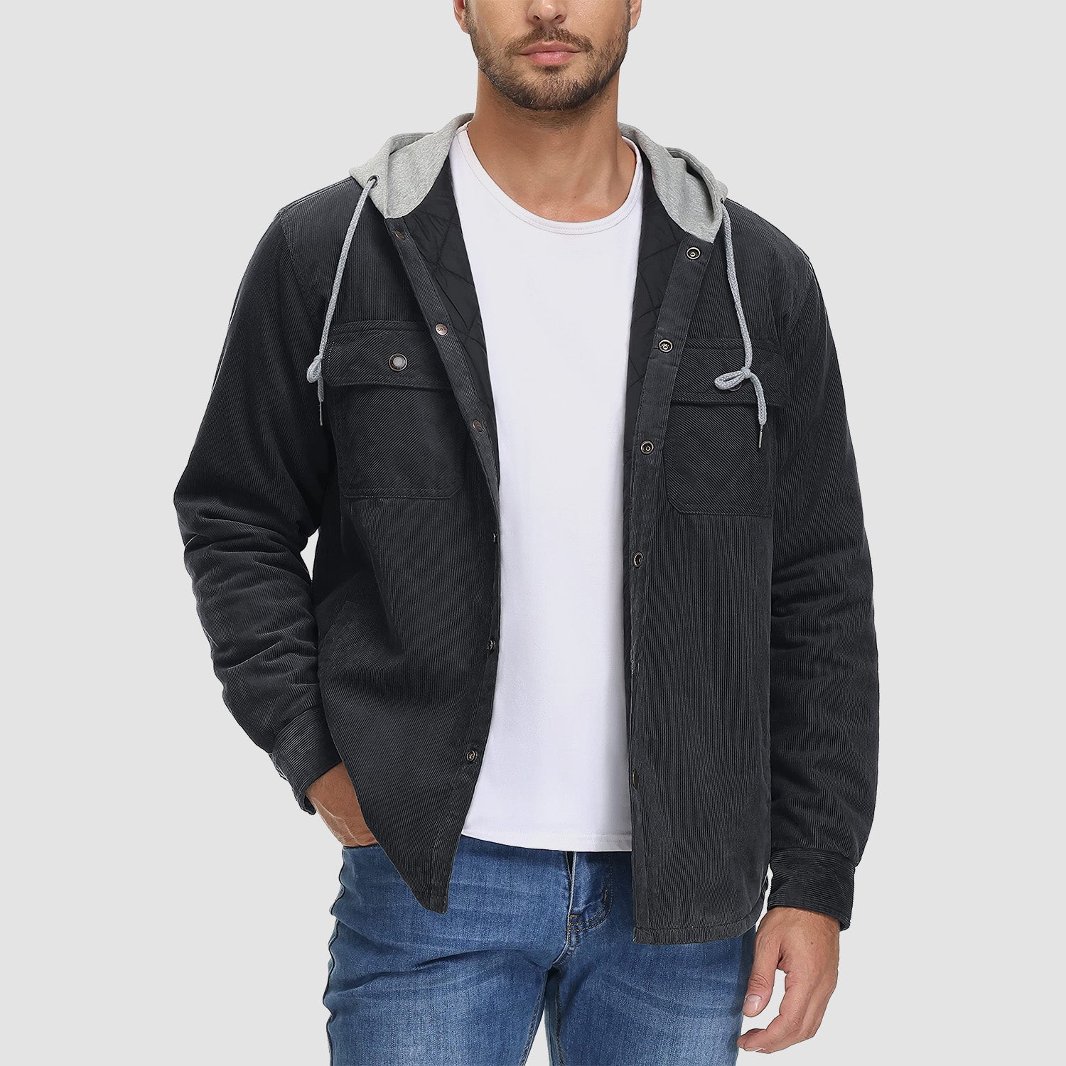 Veste en velours côtelé pour homme, à capuche, doublée matelassée, chemise décontractée à boutons, manteau d'hiver chaud avec 5 poches