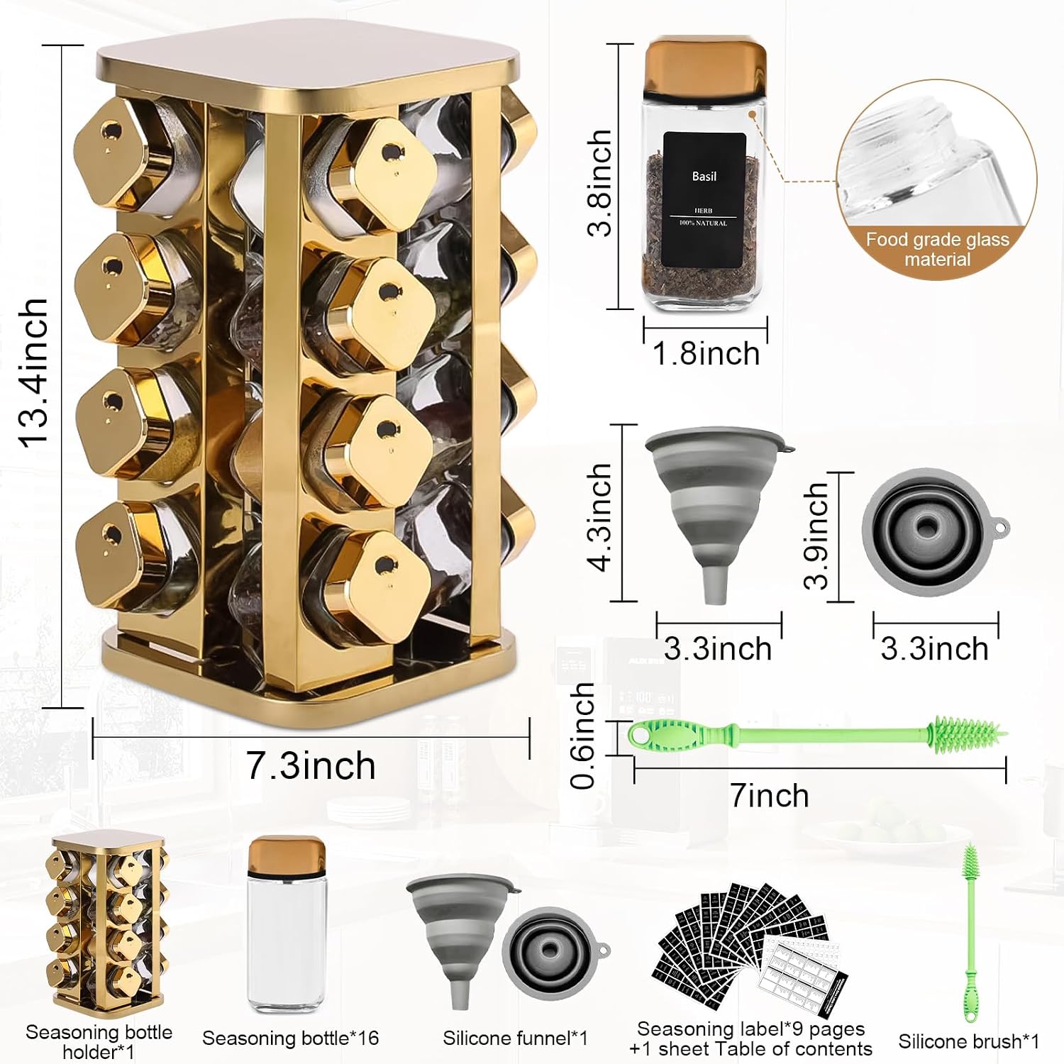 Kitchen stainless steel spice rack with 16 food-grade glass cans-275 spice labels-rotating vertical bracket and countertop seasoning rack cabinet tower storage rack (golden, 16)