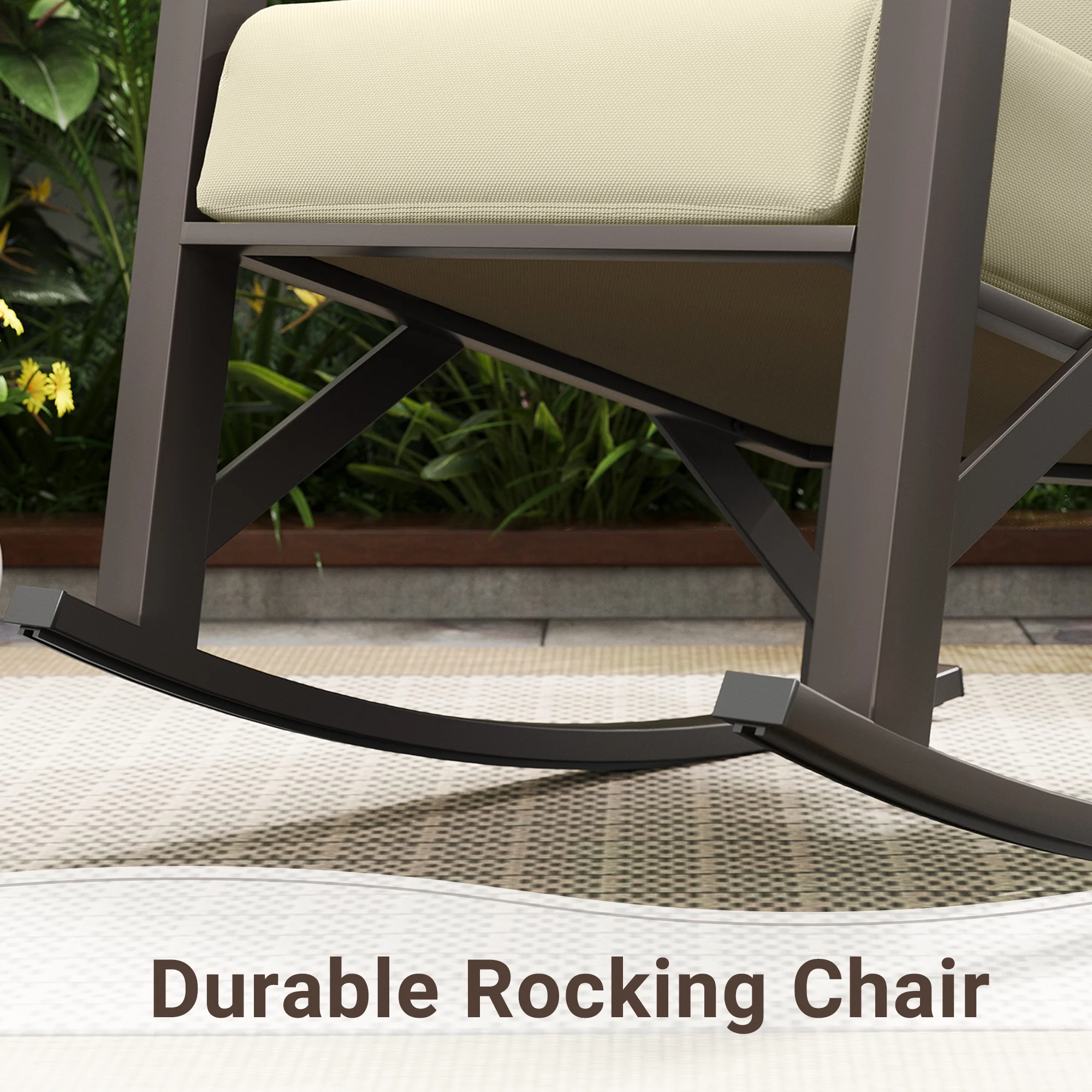 Rocking Chair Bistro Set,3 Piece Outdoor Patio Furniture Set with 2 Rockers and 1 Metal Coffee Table with Thick Cushions for Porch,Backyard,Poolside,Beige(Beige) - Image 10