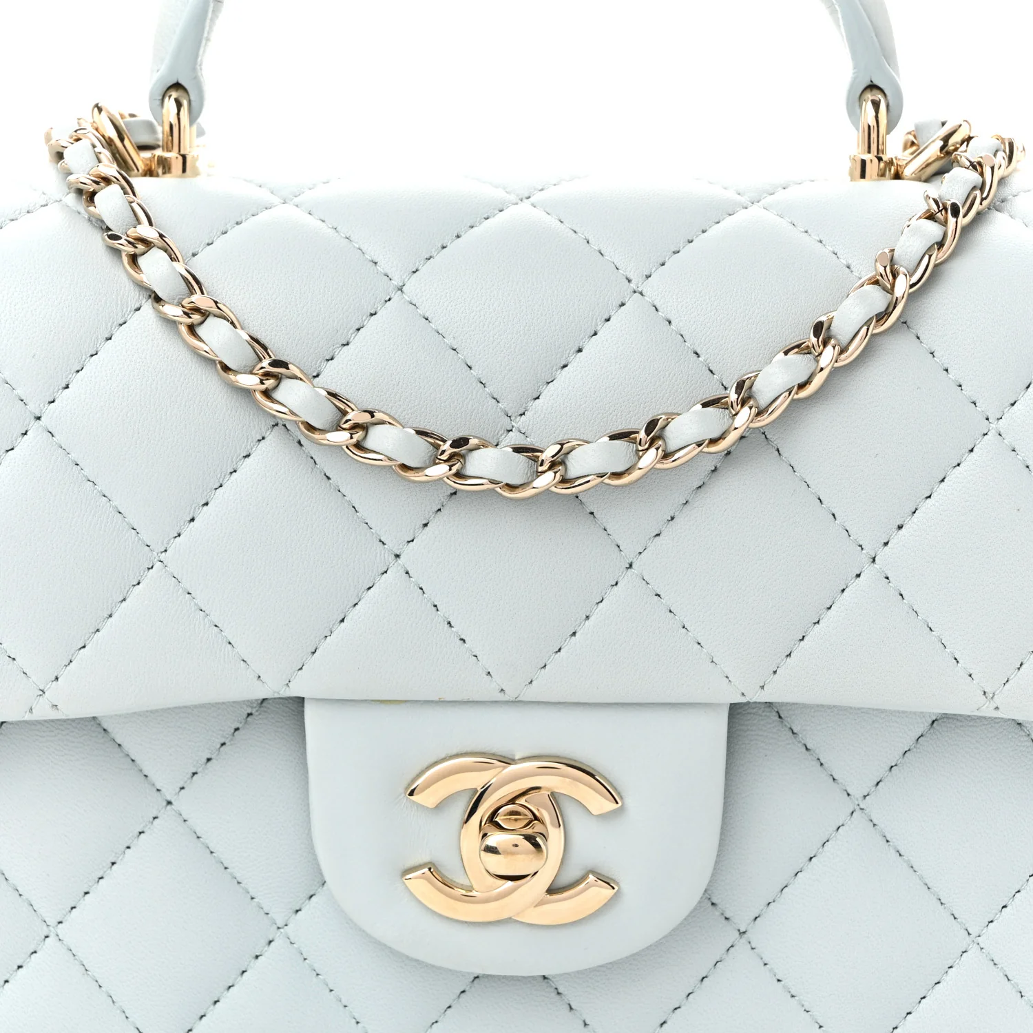 Lambskin Quilted Mini Top Handle Rectangular Flap Light Blue