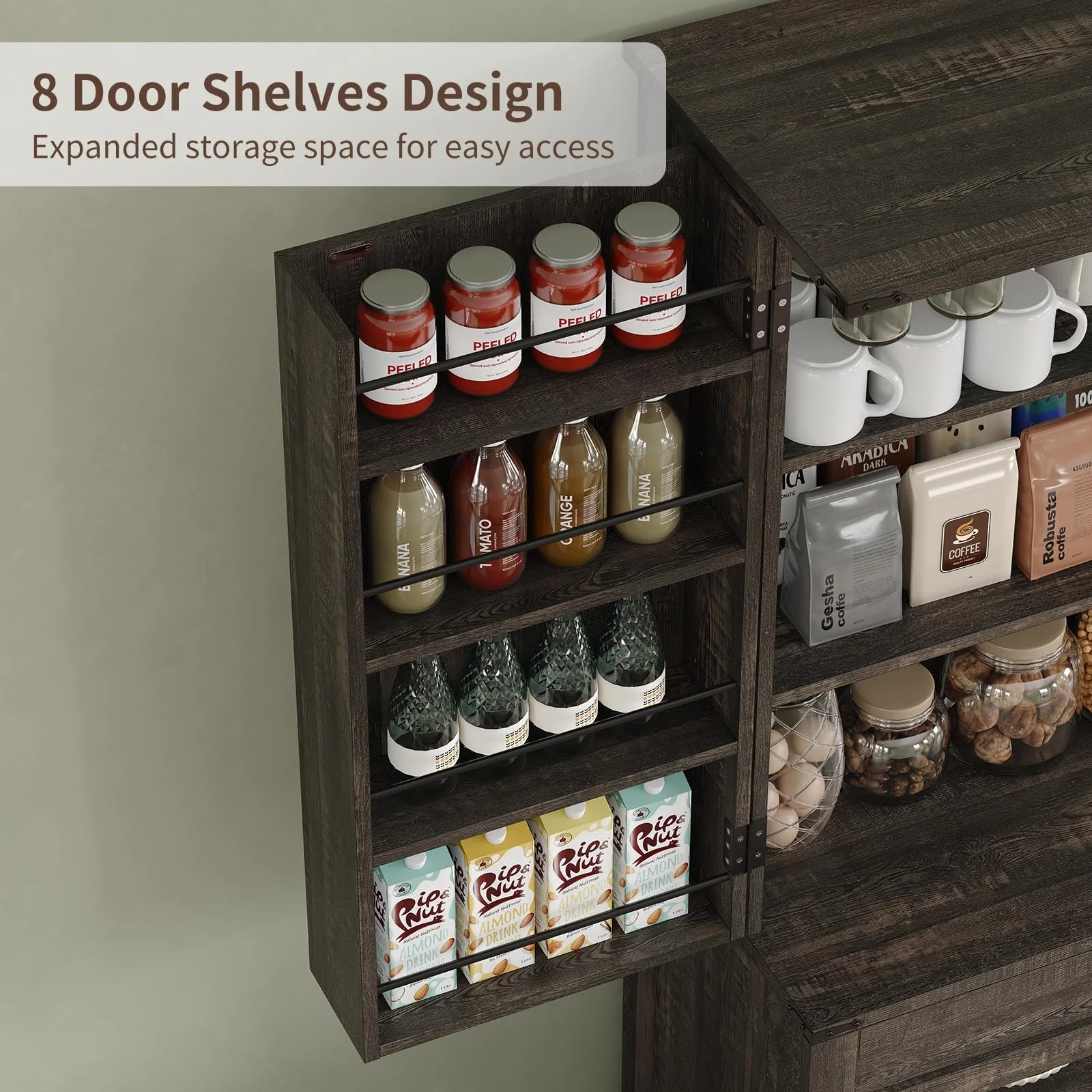 72'' Kitchen Storage Pantry Cabinet, Tall Storage Cabinet with 8 Door Shelves, 2 Cabinets and 1 Drawer, Freestanding Cupboard for Kitchen, Dining Room, Bathroom, Laundry(Dark Rustic Oak) - Image 6