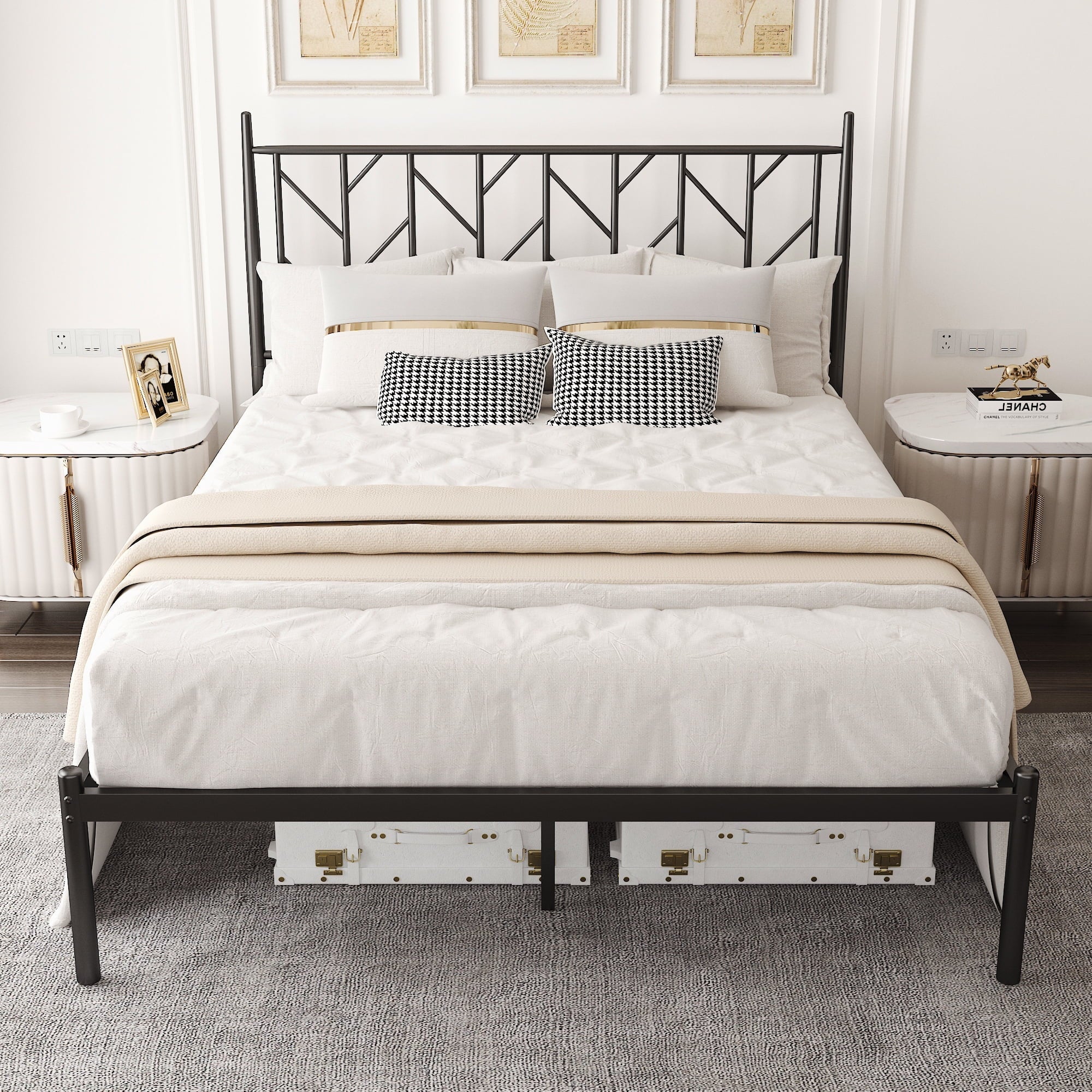 Allewie Black Queen Size Modern Metal Platform Bed Frame with Vintage Headboard and 12'' Under - Bed Storage
