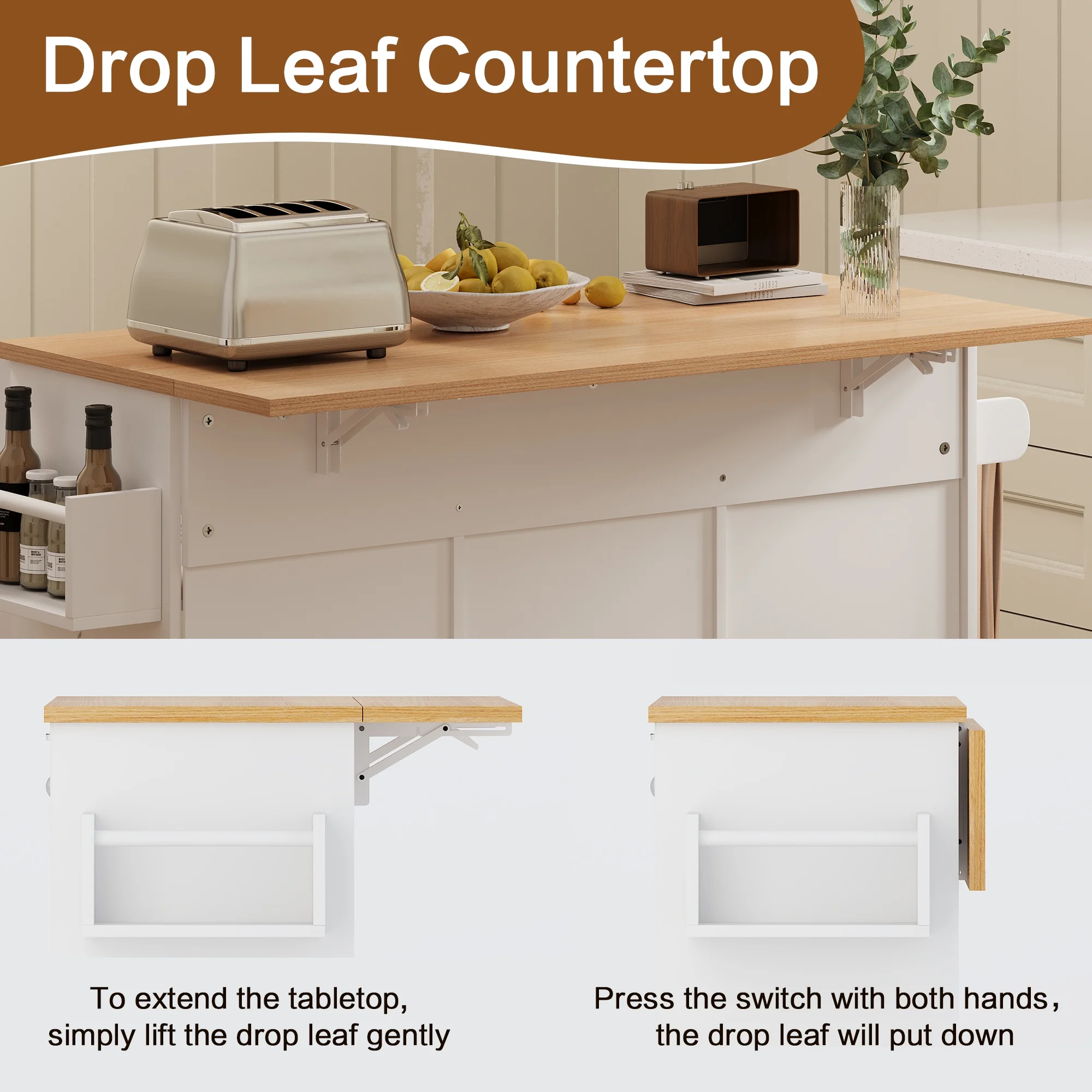 48" Kitchen Island Cart with Drop Leaf, 10 Gallon Storage and Tilt Out Trash Can Cabinet, Portable Kitchen Island with Wheels Drawer and Adjustable Shelves for Kitchen, White(White) - Image 6