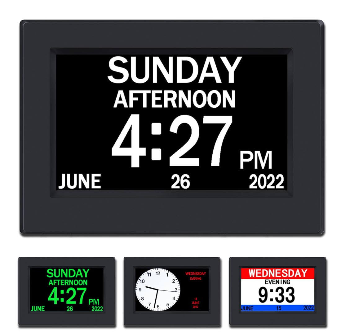 AINFTIME Clock with Day and Date for Elderly-3 Colors Display Digital Calendar Alarm Clock Dementia Alzheimers Clock with Extra Large Display (7in