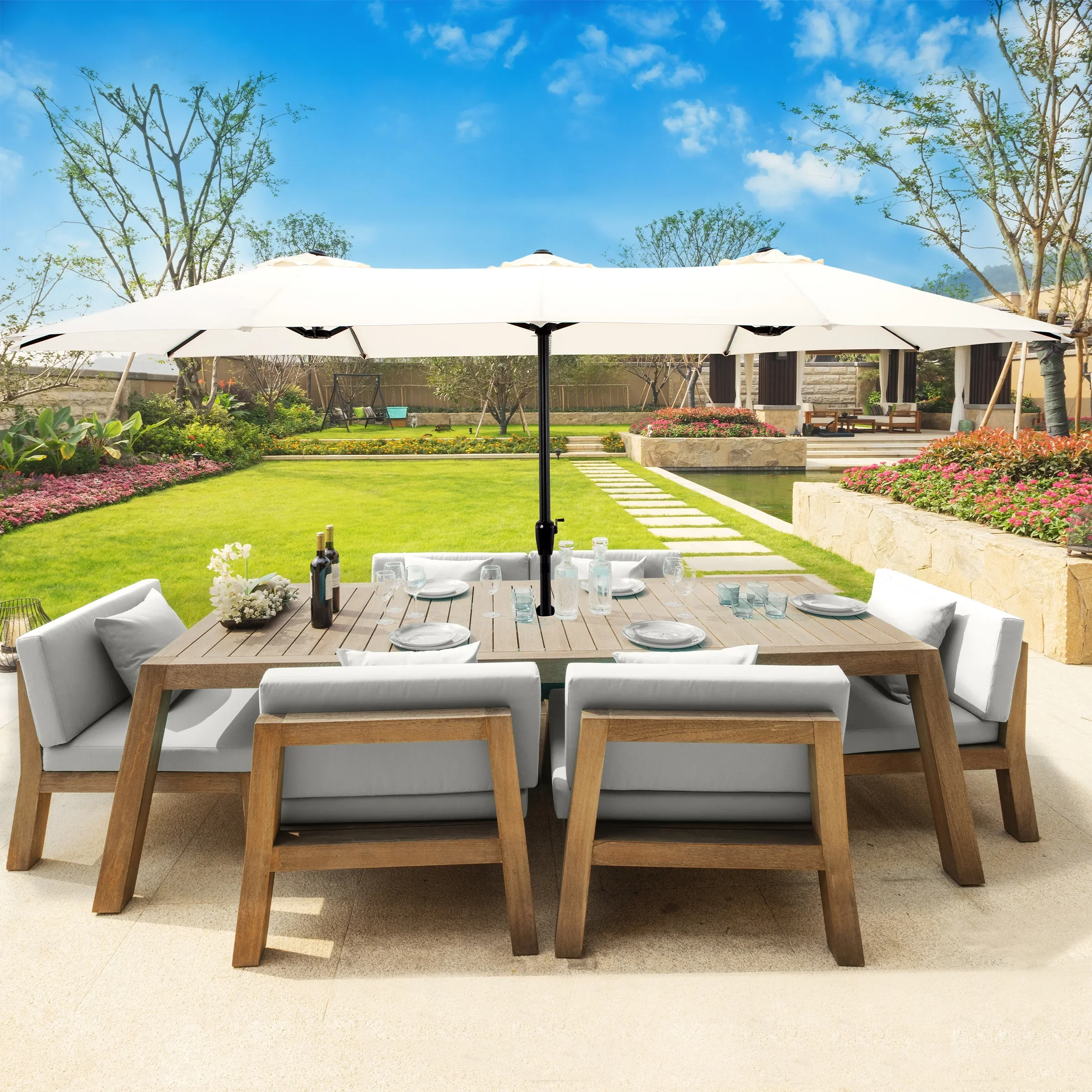 Pure Garden 15 Ft Double Patio Umbrella �?XL Sunshade with Hand Crank, Beige