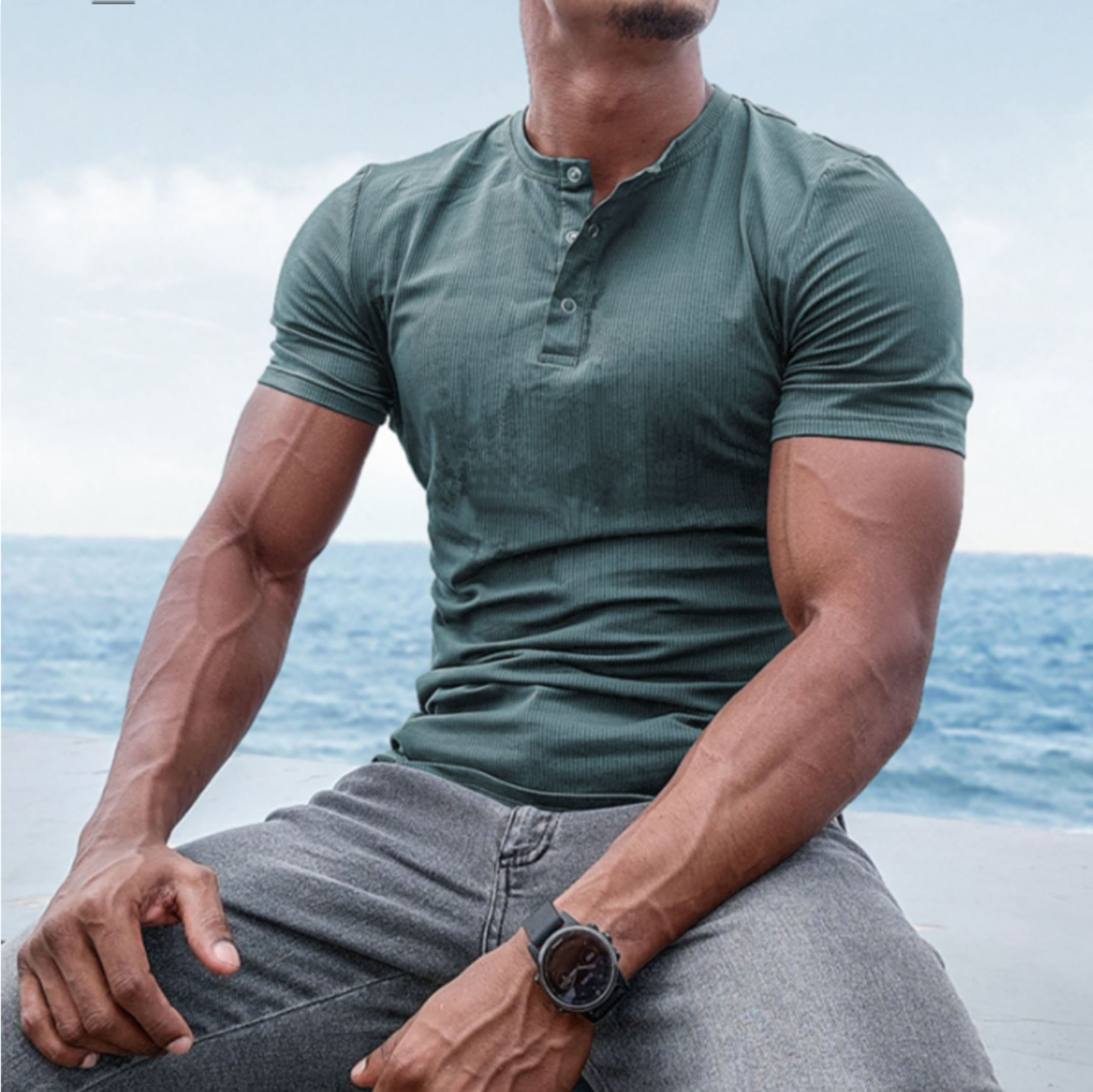 T-shirt Henley stretch slim pour homme, printemps/été