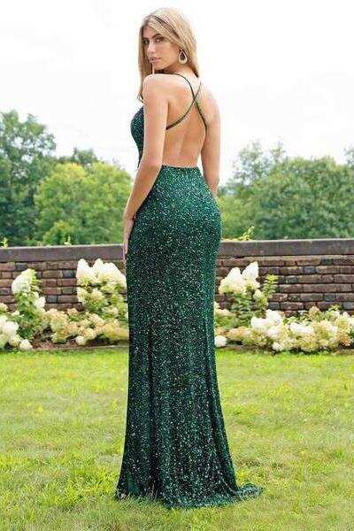 Spaghetti Strap Emerald Green Prom Dresses Slit Sheath Sequined Formal Evening Dress DMI63