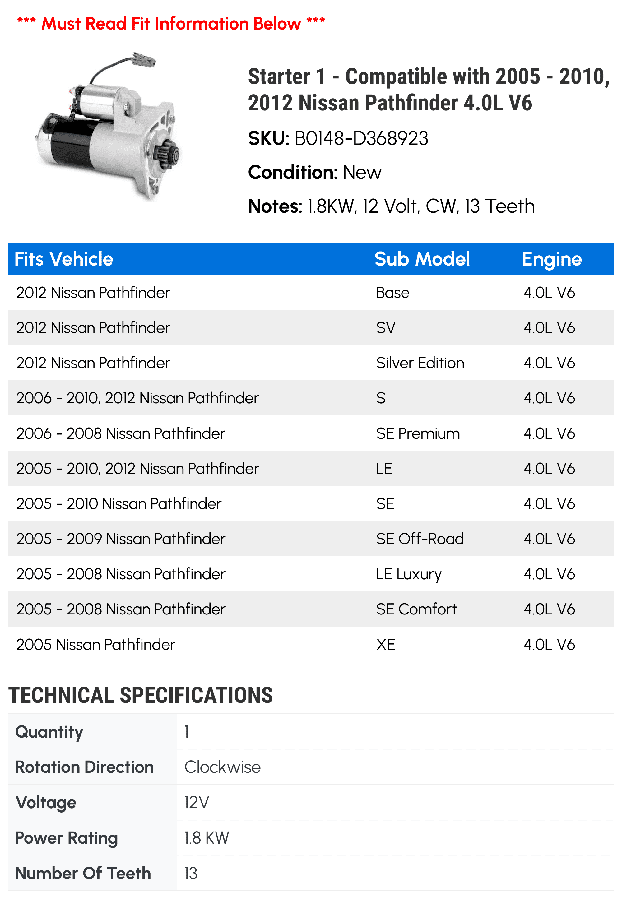 Compatible with 2005 2010, 2012 Nissan Pathfinder 4.0L V6 2006 2007 2008 2009 - Image 2