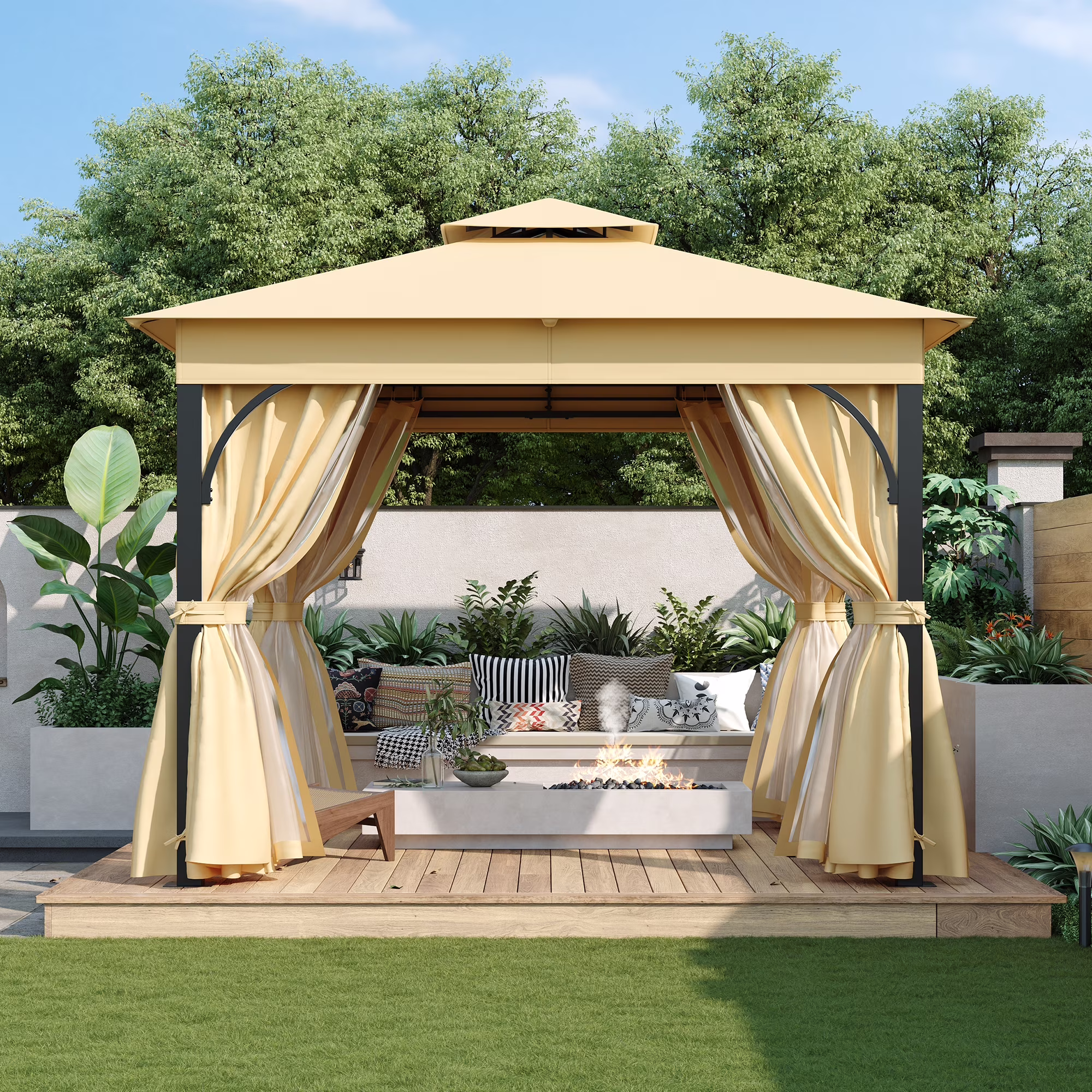 10'x10' Outdoor Gazebo with Netting and Privacy Screens, Metal Waterproof Gazebos with Softtop Roof, Patio Canopy Tent for Backyard Garden, Beige