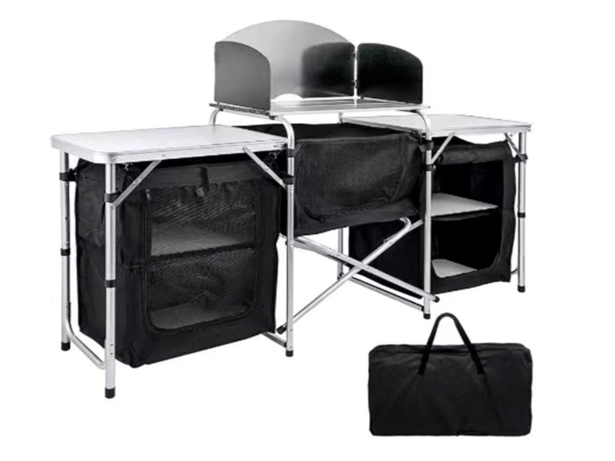 Inch Aluminum Portable Fold-Up Camping Kitchen with Windscreen and 5 Enclosed Cupboards. Cook Station. for BBQ. Camping. Picnic. Backyard