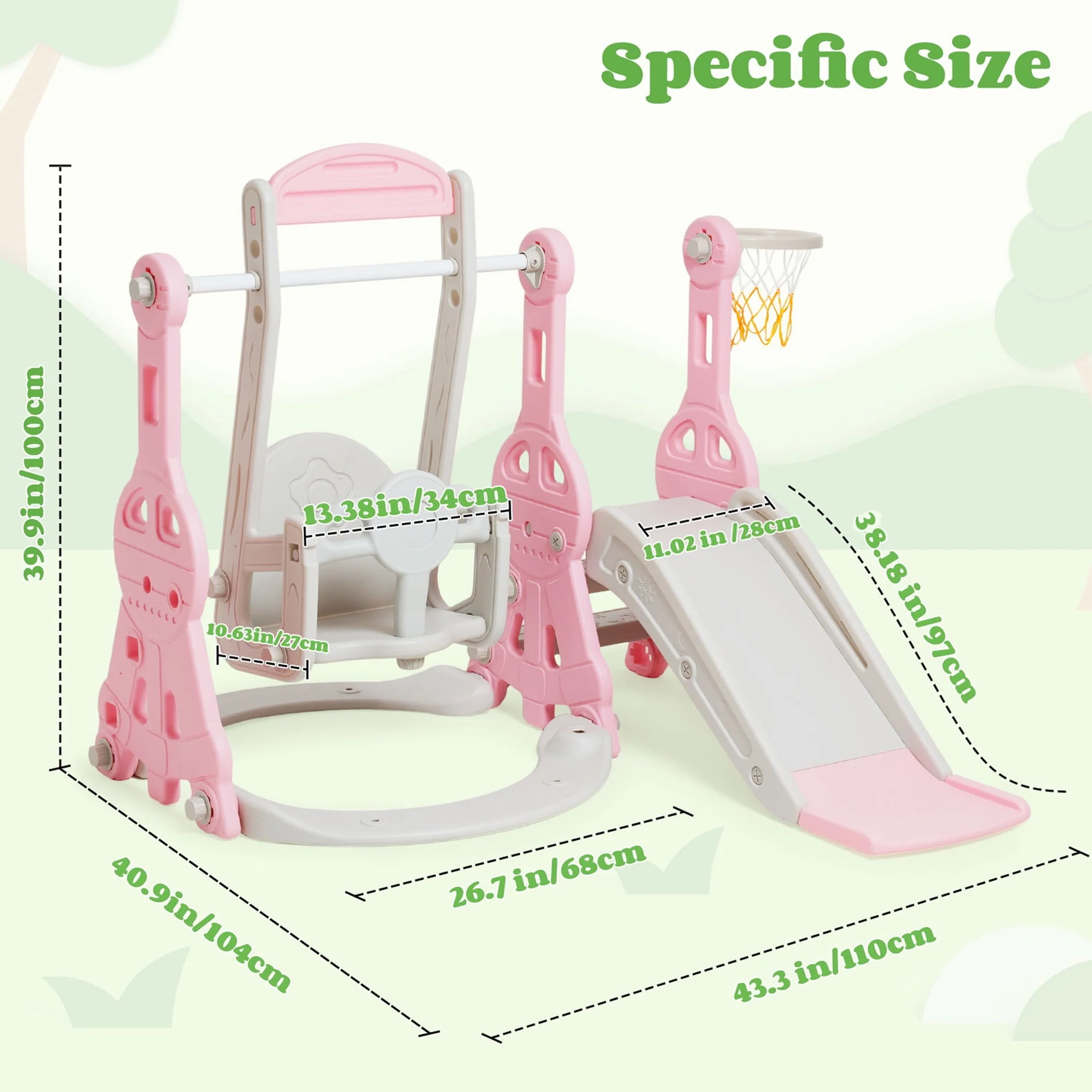 Ealing 4 in 1 Slide and Swing Set for Toddler Indoor and Outdoor Baby Slide Climber Playset with Basketball Hoop & Backyard Playground Swing Slide for Boys and Girl Slide Length: 11.02' L Pink