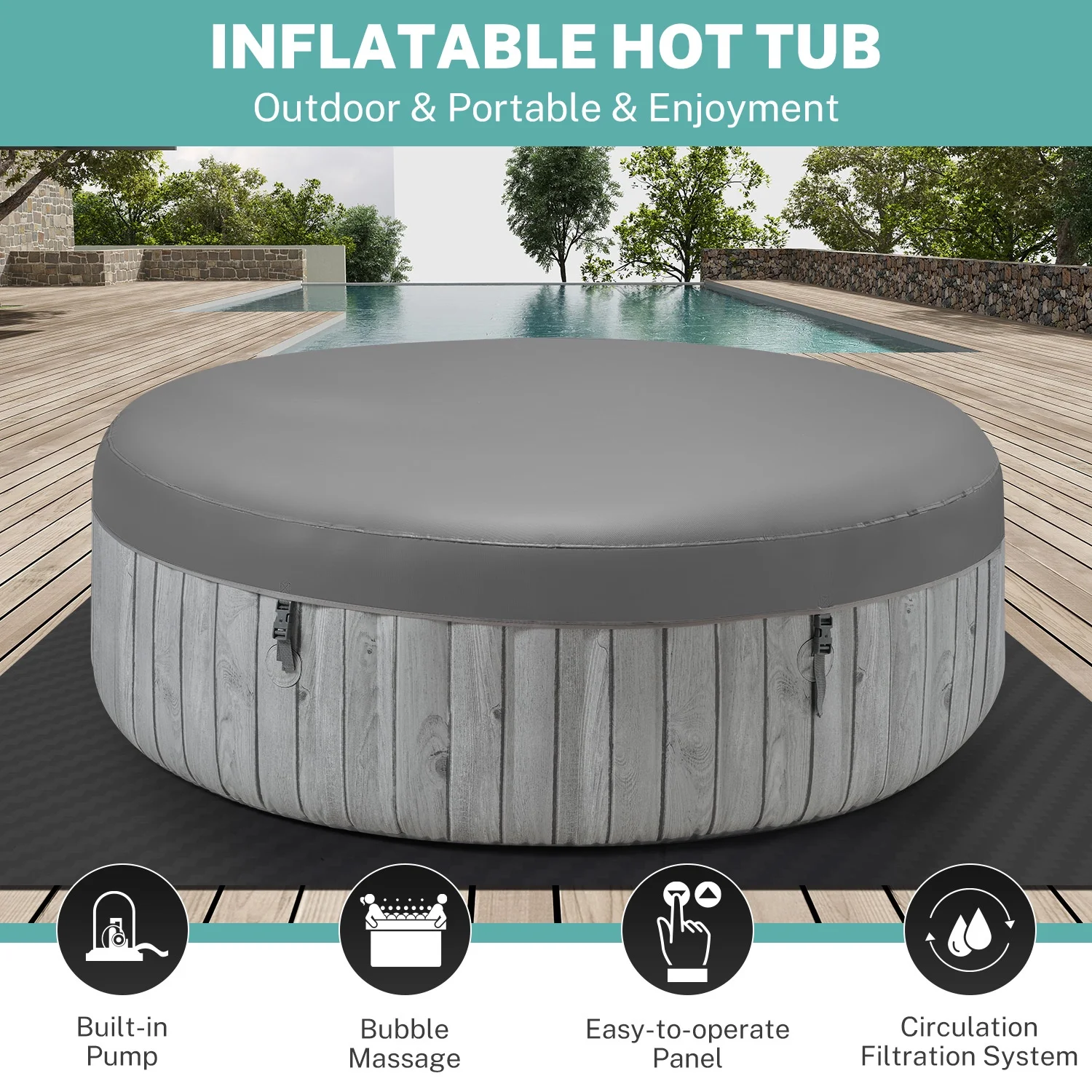 6 - 8 Person Portable Hot Tub, 82in Inflatable Home Spa Tub with Cup Holders, 4 Filters, 130 Massage Jets, Patio Hot Tub with Storage Bag Lockable Cover Floor Mat, Max 104℉