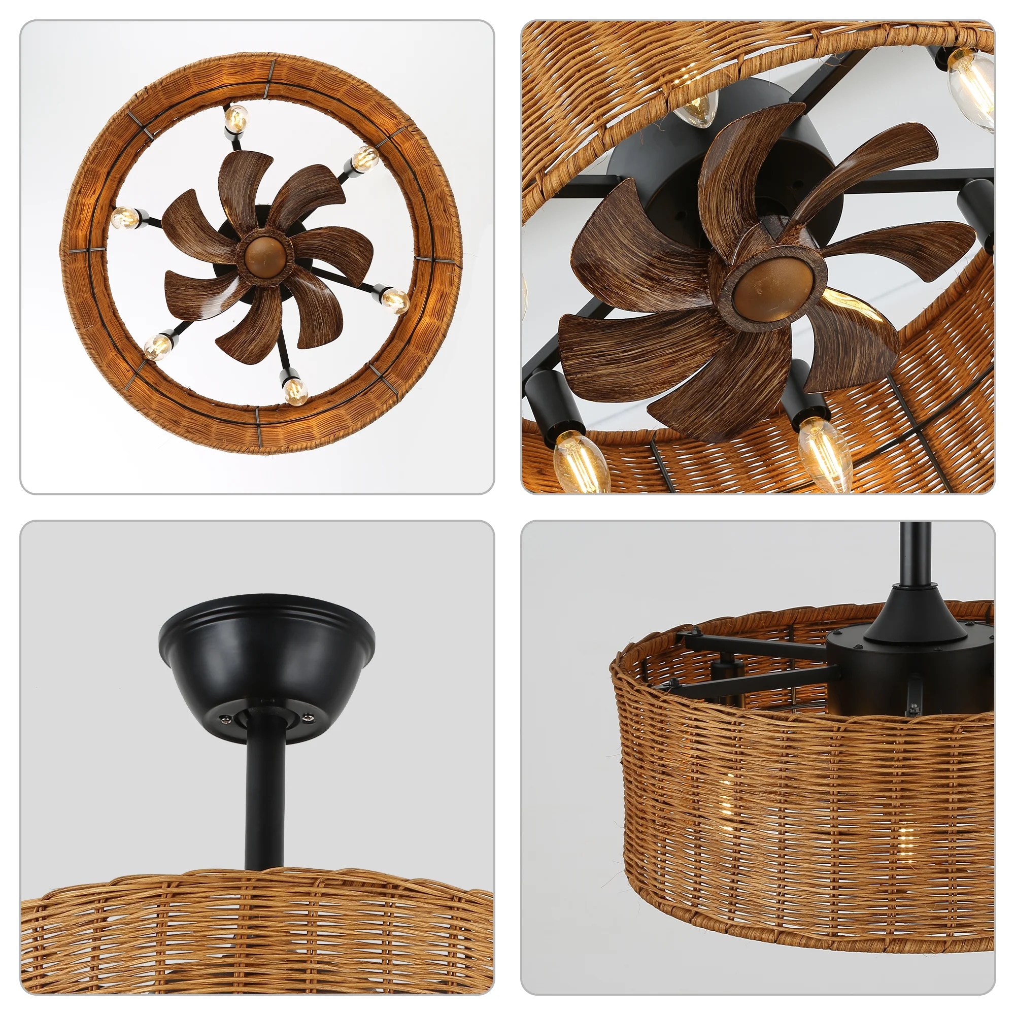 6-Light Bohemian Rattan-Woven Drum Ceiling Fan with Light and Remote Control, Bella Depot Black 3-Speed Chandelier