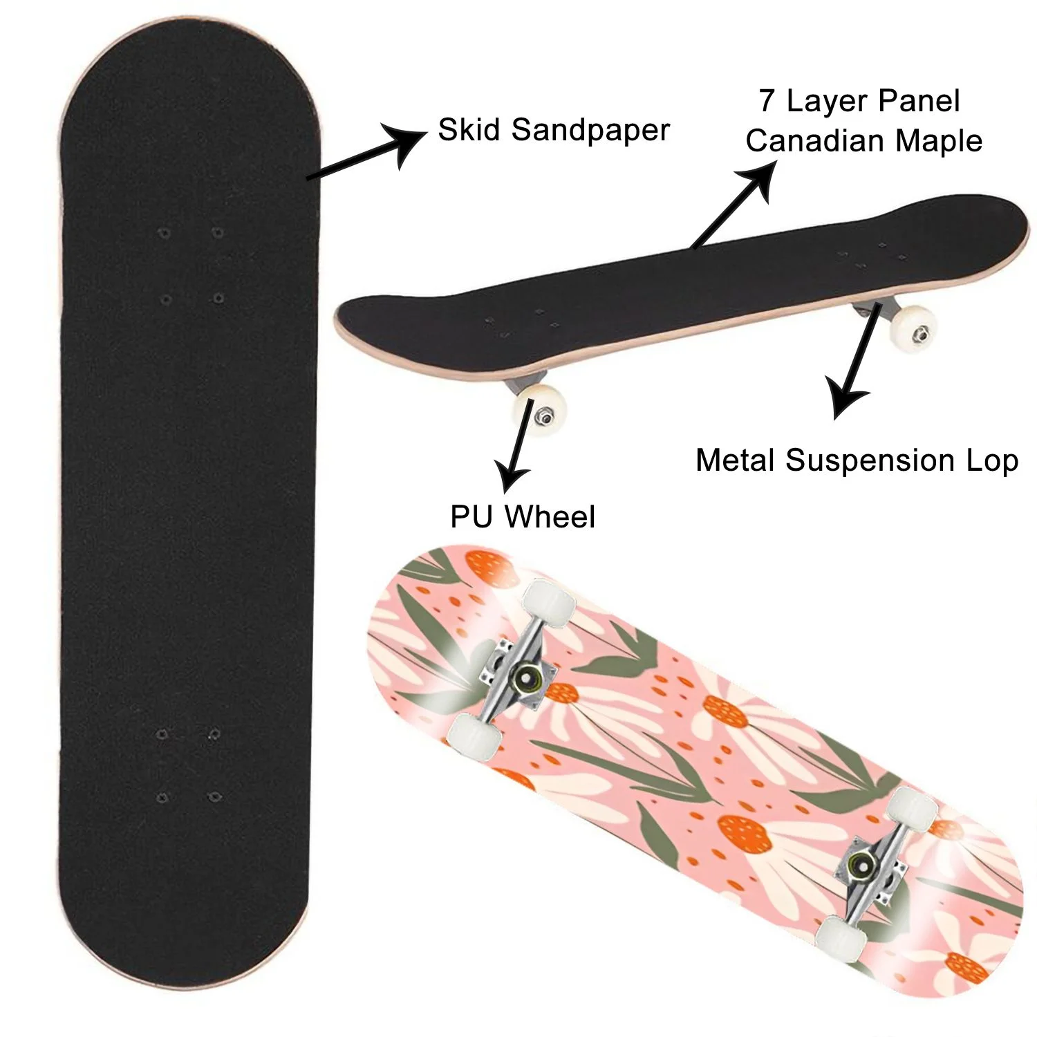 Skateboards for Beginners Doodle Seamless Pattern Hand Drawn White Daisies Pink Cute 31
