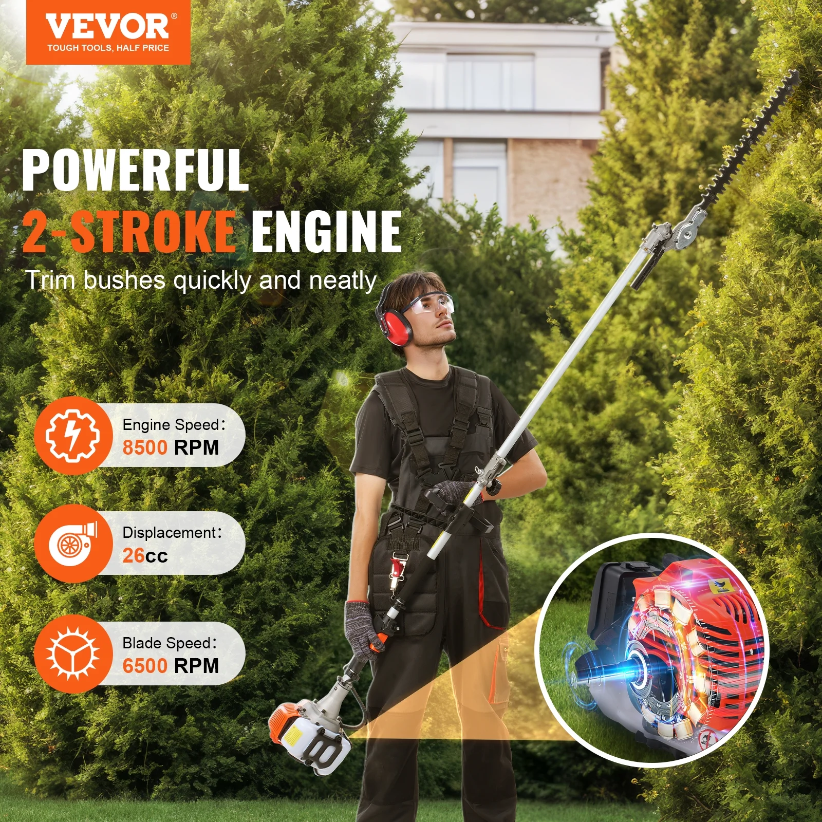 VEVOR 26CC 5 - in - 1 Multi - Functional Trimming Tools, Gas Hedge Trimmer, Weed Eater, String Trimmer, Edger, Pole Saw Chainsaw Pruner with Extension Pole